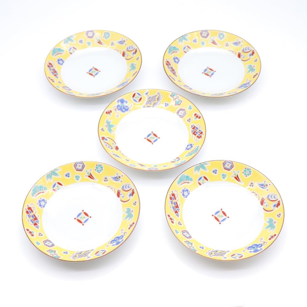 Handmade Japanese Kutani Ware Serving Plates Set of 5 - Yellow Takara, Plum Chrysanthemum & Blue Wave Designs (6.1