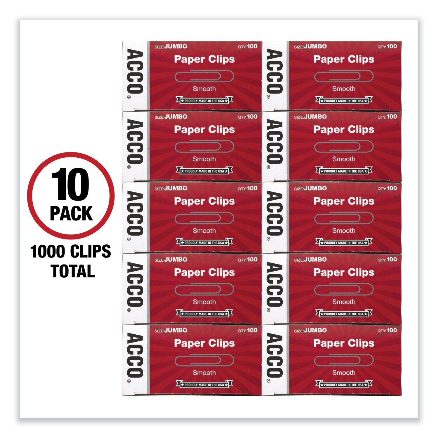 ACCO Jumbo Smooth Silver Paper Clips - 100 Clips per Box, 10 Boxes per Pack - Perfect for Office, School & Home Organization