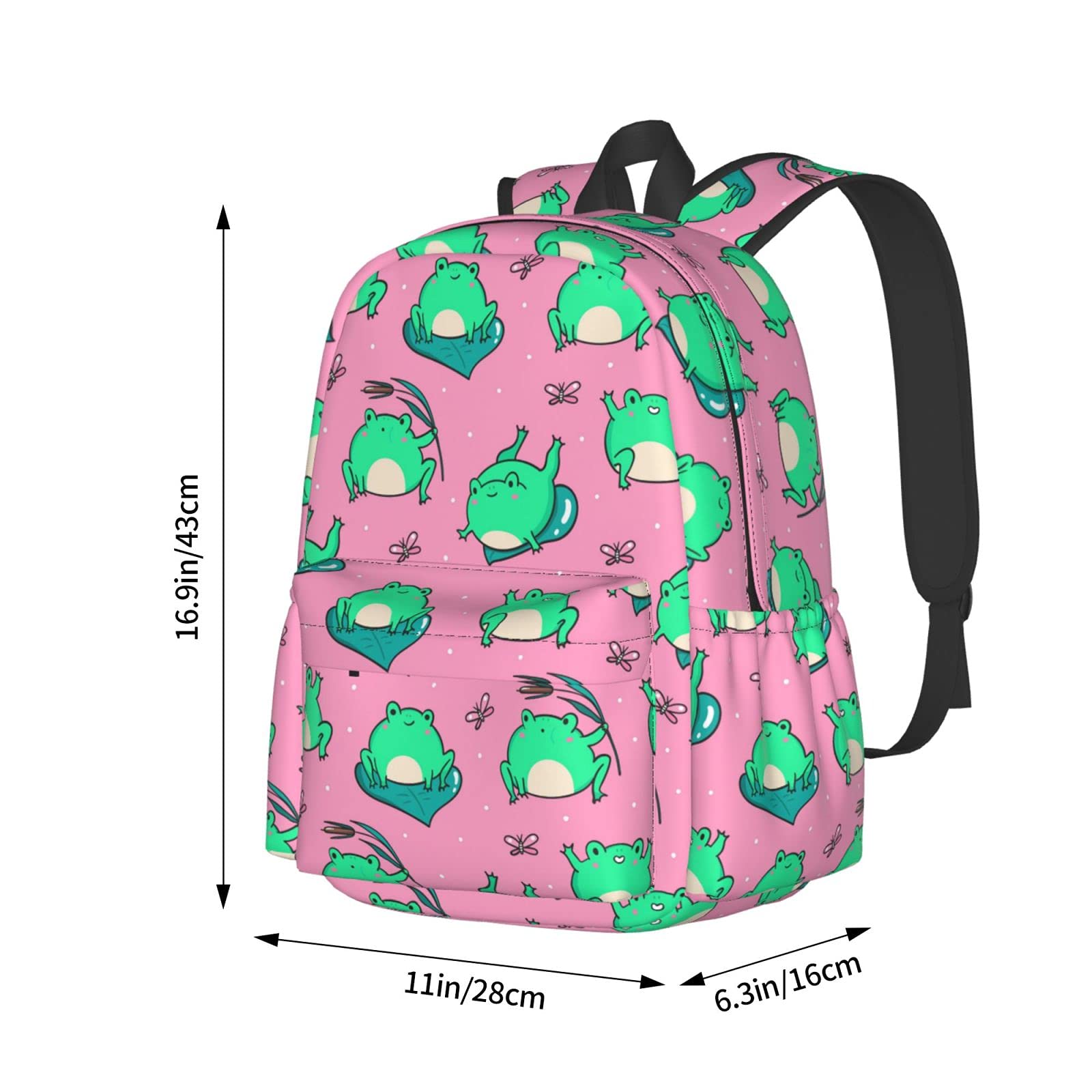 KiuLoam 17 Inch Laptop Backpack - Cute Green Frogs Design on Pink School Bag, Waterproof Daypack for Women & Girls - Perfect for College, Work, Travel & Everyday Use