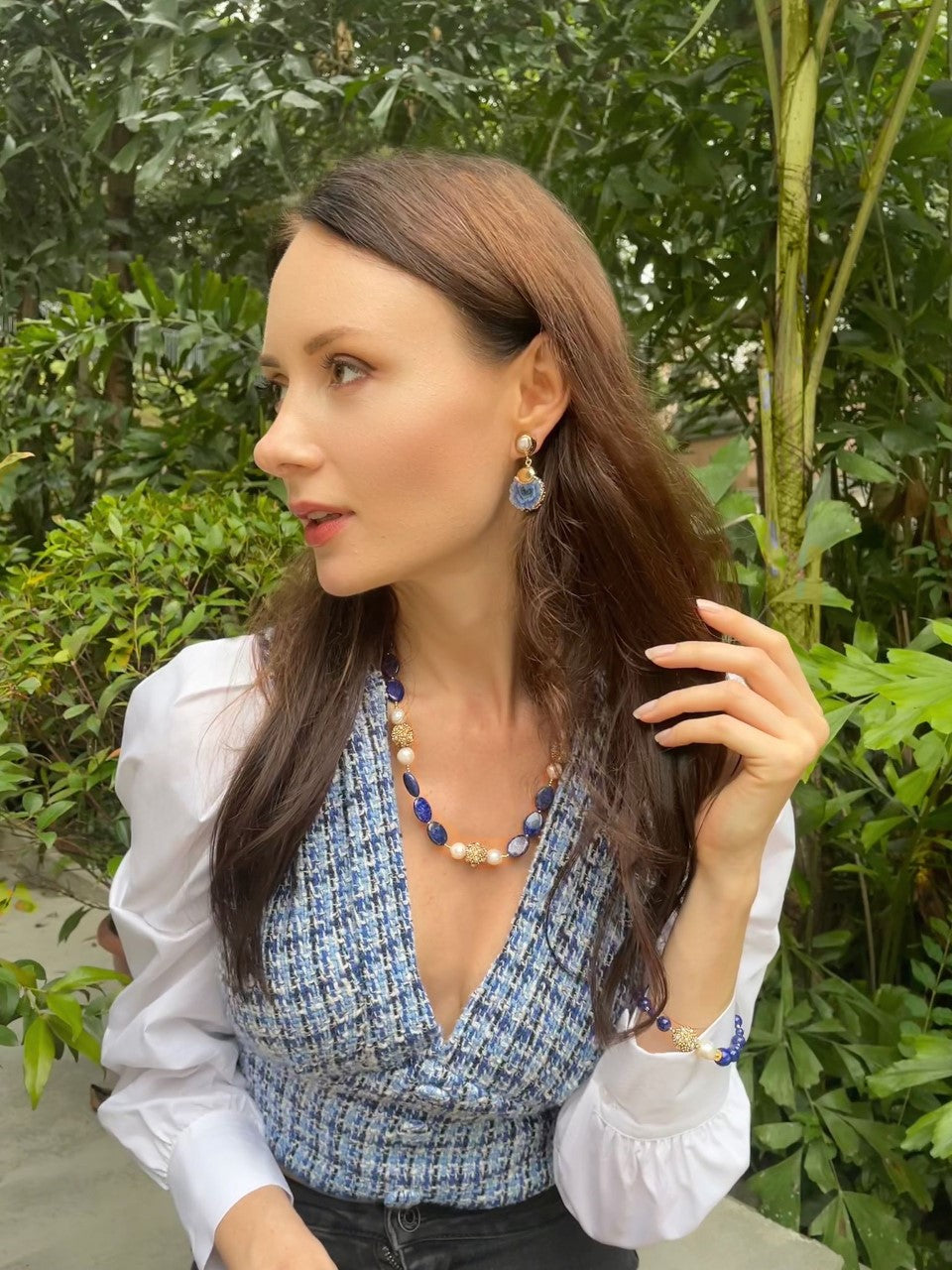 Elegant Lapis Lazuli & Freshwater Pearl Necklace with Rhinestone Accents GN017 - Perfect for Weddings, Parties & Special Occasions