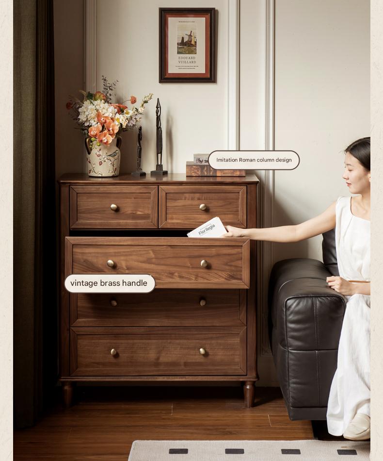 Solid Black Walnut Wood American Retro Dresser - Vintage 5-Drawer Chest for Bedroom, Living Room & Home Office Storage