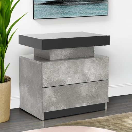 2-Drawer LED Nightstand Set of 2 - Modern Bedside Table with Touch Control Lights, Grey & Black Bedroom Furniture for Bedside Storage & Reading