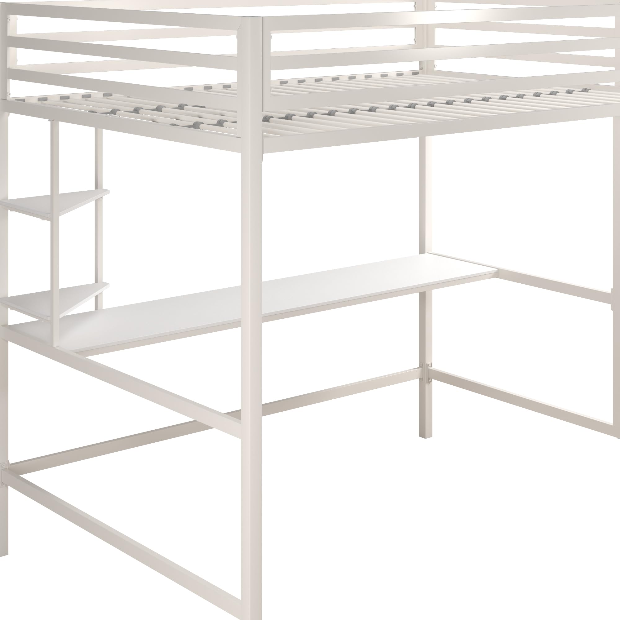 Novogratz Maxwell Metal Full Loft Bed with Desk & Shelves, Off White - Space-Saving Study & Sleep Solution for Small Rooms, Dorms & Apartments