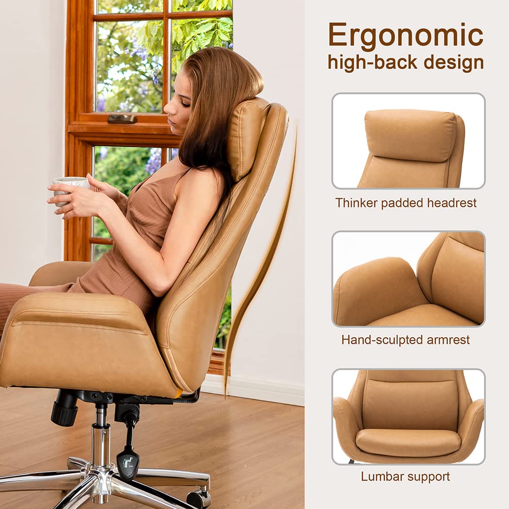 Glitzhome Modern High Back PU Leather Office Chair - Adjustable Lumbar Support Ergonomic Computer Desk Chair, Swivel Task Chair for Home & Executive Workspaces (Camel) | Perfect for Long Work Hours & Gaming Sessions
