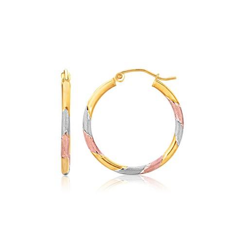 14K Tri-Color Textured Hoop Earrings - 1 Inch Diameter Gold Rose Gold Silver Hoops - Perfect for Everyday Wear, Date Night & Gift Giving