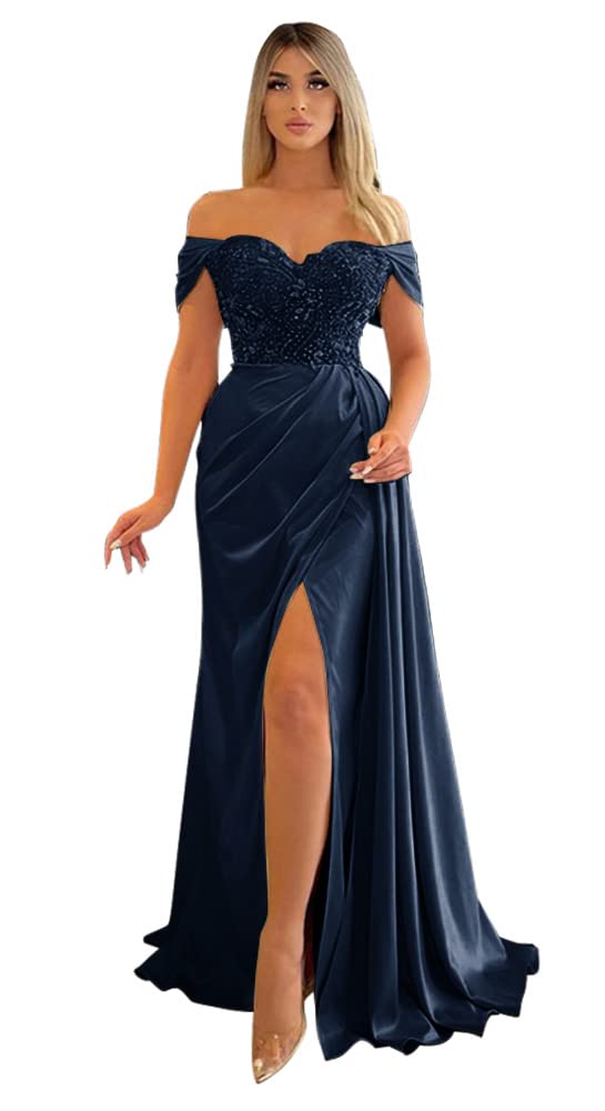 Elegant Mermaid Slit Prom Dresses 2024 | Off Shoulder Beaded Bridesmaid & Formal Evening Gowns for Women | Perfect for Prom, Wedding Party & Black Tie Events