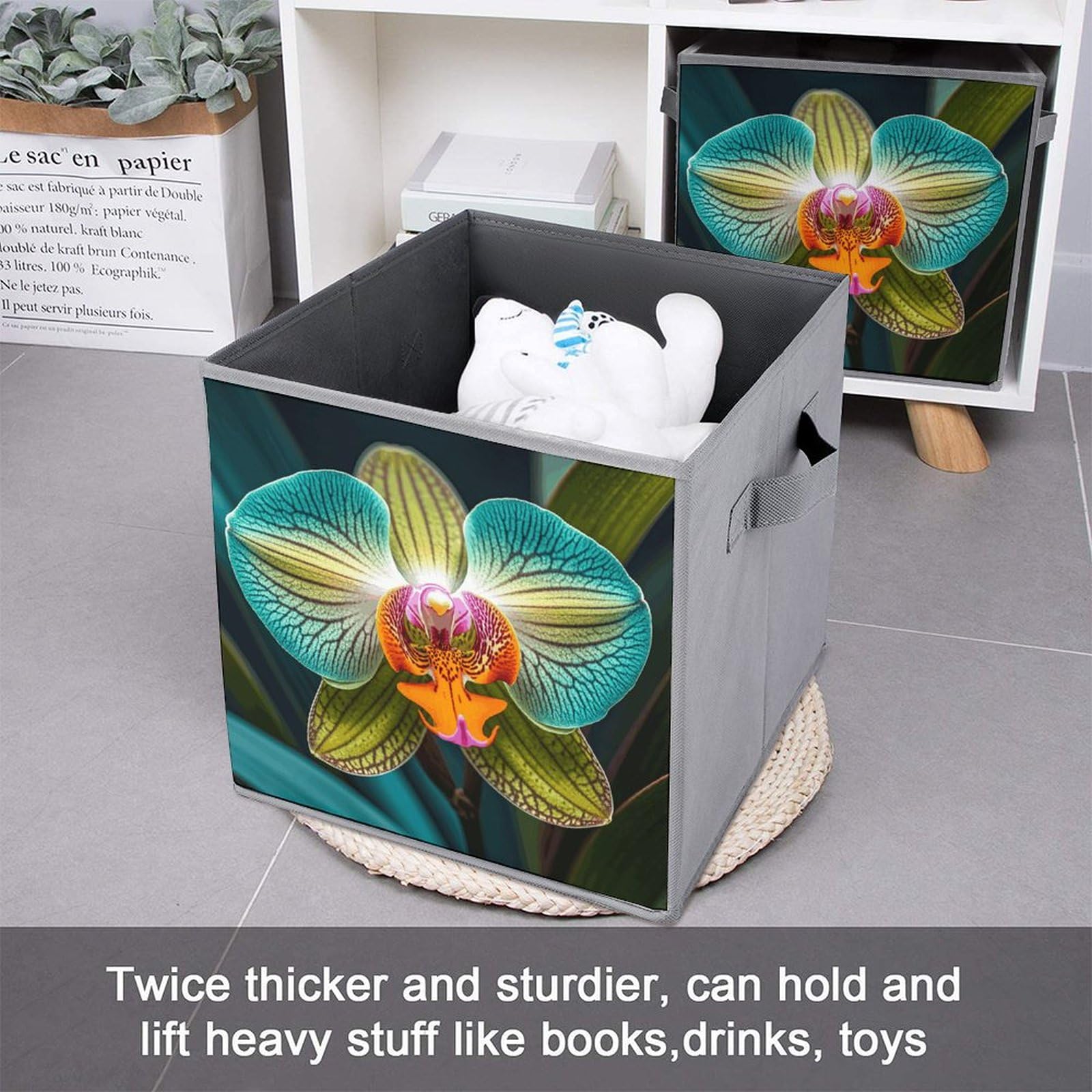 6-Piece Collapsible Storage Bins with Handles - Teal & Orange Orchid Printed Foldable Organizing Baskets for Shelves, Closet, Pantry | Space-Saving Home Organization Solution for Bedroom, Bathroom & Office