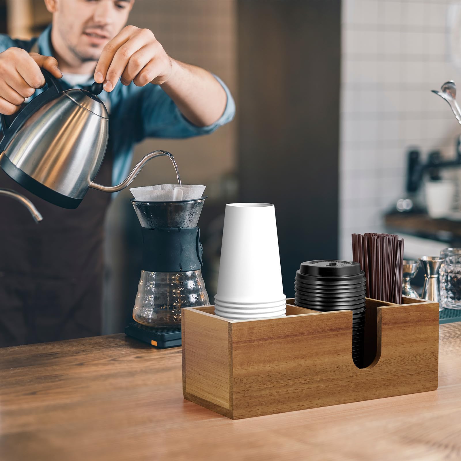 ALELION Acacia Wood Cup Holder for Countertop - Coffee Bar Organizer with Storage for Lids, Stirrers & Pods - Perfect for Kitchen Counter, Coffee Station & Office Desk Organization