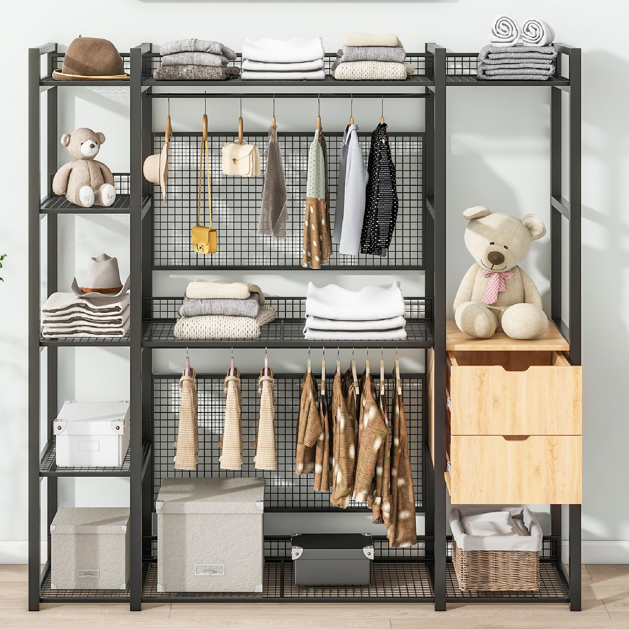 Mertax Open-Style Wardrobe Closet Organizer with Hanging Rails, Shelves & Drawers - Free Standing Portable Clothing Rack for Bedroom, Easy Assembly, Black - Perfect for Small Spaces, Dorm Rooms & Apartment Living