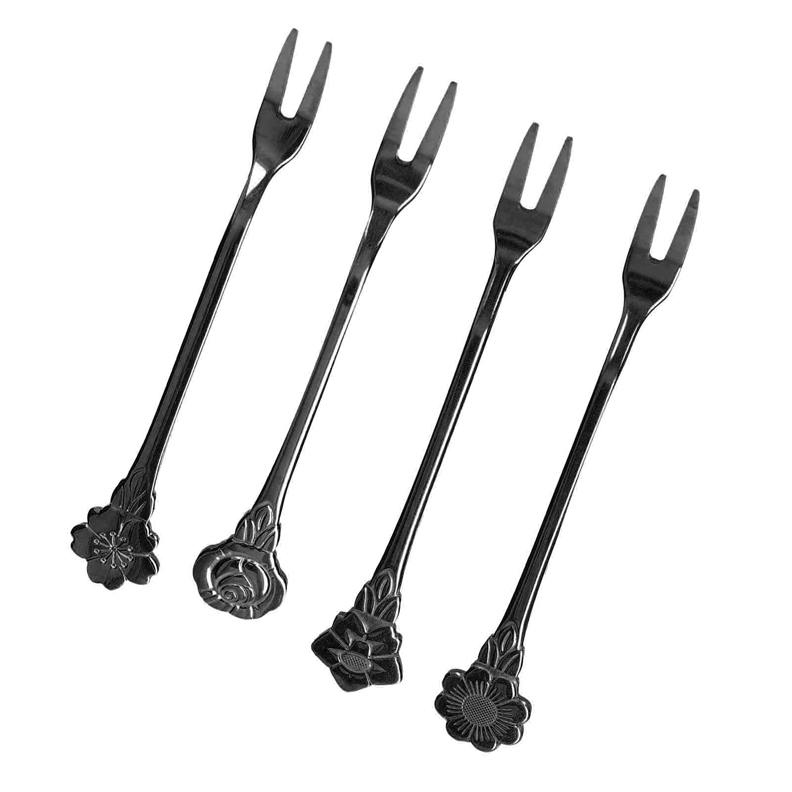 4-Piece Stainless Steel 2-Prong Fruit Forks - Mini Salad & Dessert Tasting Forks for Home, Kitchen, Party - Durable Ruthenium Black (Perfect for Fruit Platters, Cheese Boards & Appetizers)