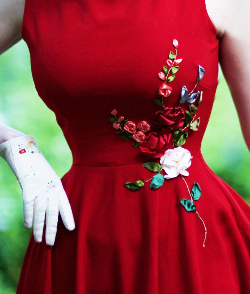 Elegant 3D Ribbon Embroidery Dress with Red Camellia Design - Perfect for Weddings, Parties & Special Occasions