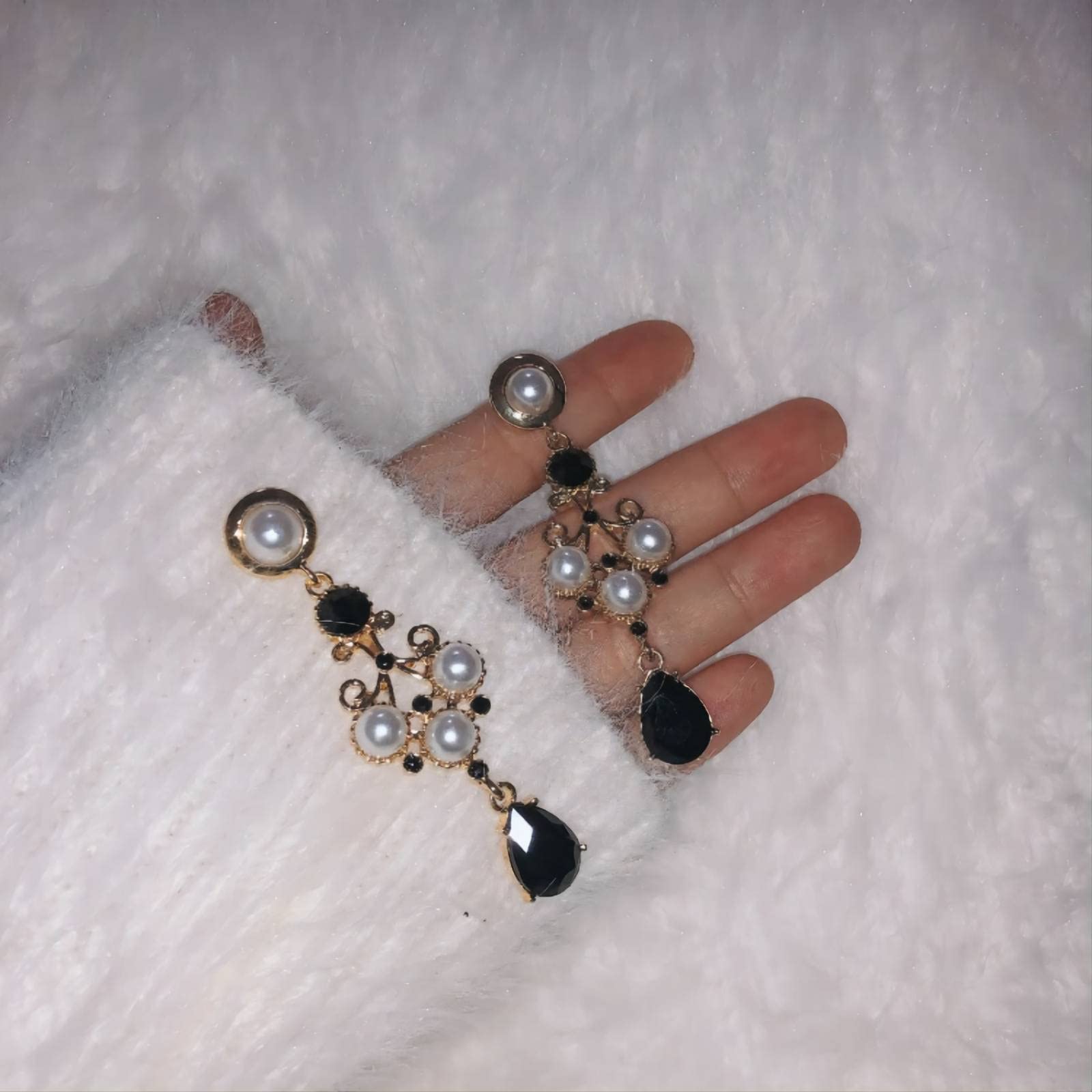 Black Datura Baroque Pearl Drop Earrings - French Palace Style Vintage Jewelry with Black Diamonds & Four Leaf Clover Design for Women | Elegant Evening Party & Wedding Accessories