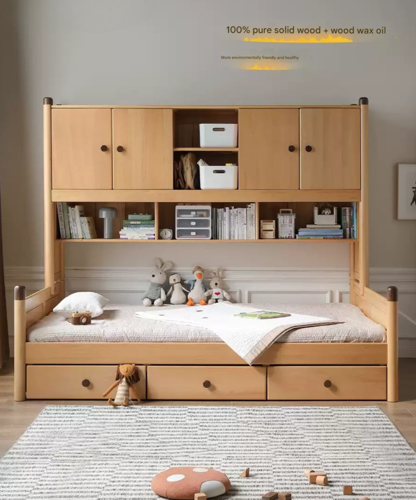 Solid Oak Wood Multi-Function Storage Bed - Queen Size Platform Bed with Underbed Drawers for Small Space Bedroom, Guest Room & Studio Apartments