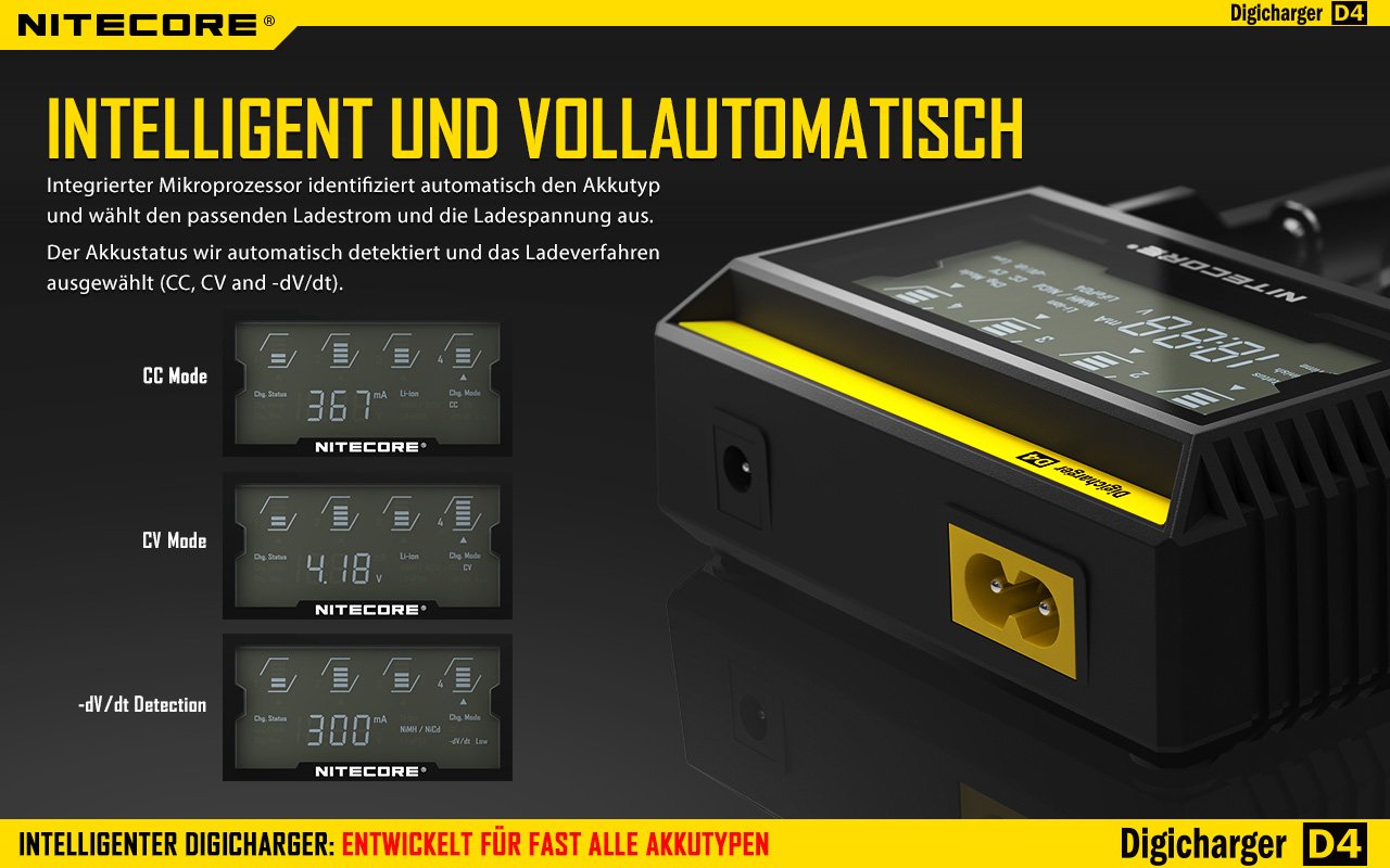 Nitecore Digicharger D4 LCD Display 4 Bay Smart Battery Charger for Li-ion/NiMH - Perfect for Vaping, Flashlights & Camera Gear