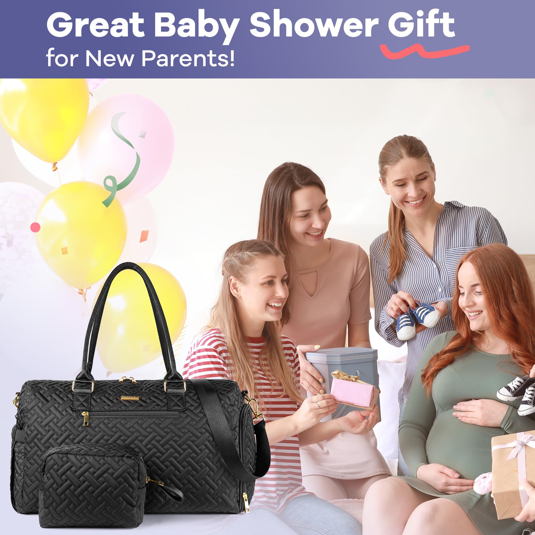 Iniuniu Waterproof Diaper Bag Tote with Changing Pad - Large Baby Travel Bag for Moms (Black)