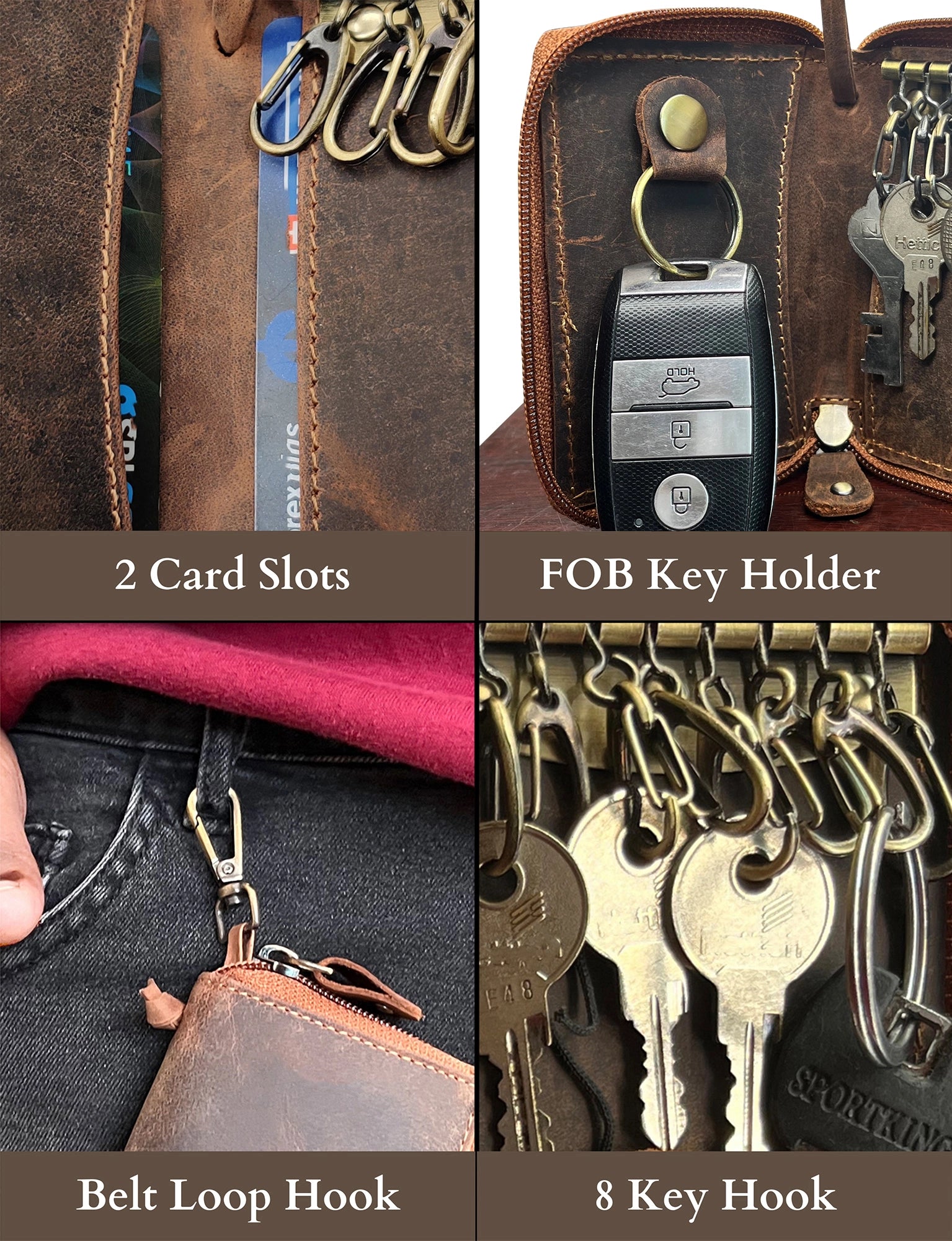 Genuine Leather Key Holder Case - Zippered Key Organizer Wallet with Belt Hook - Perfect for Key Storage & Organization at Home, Office or Travel