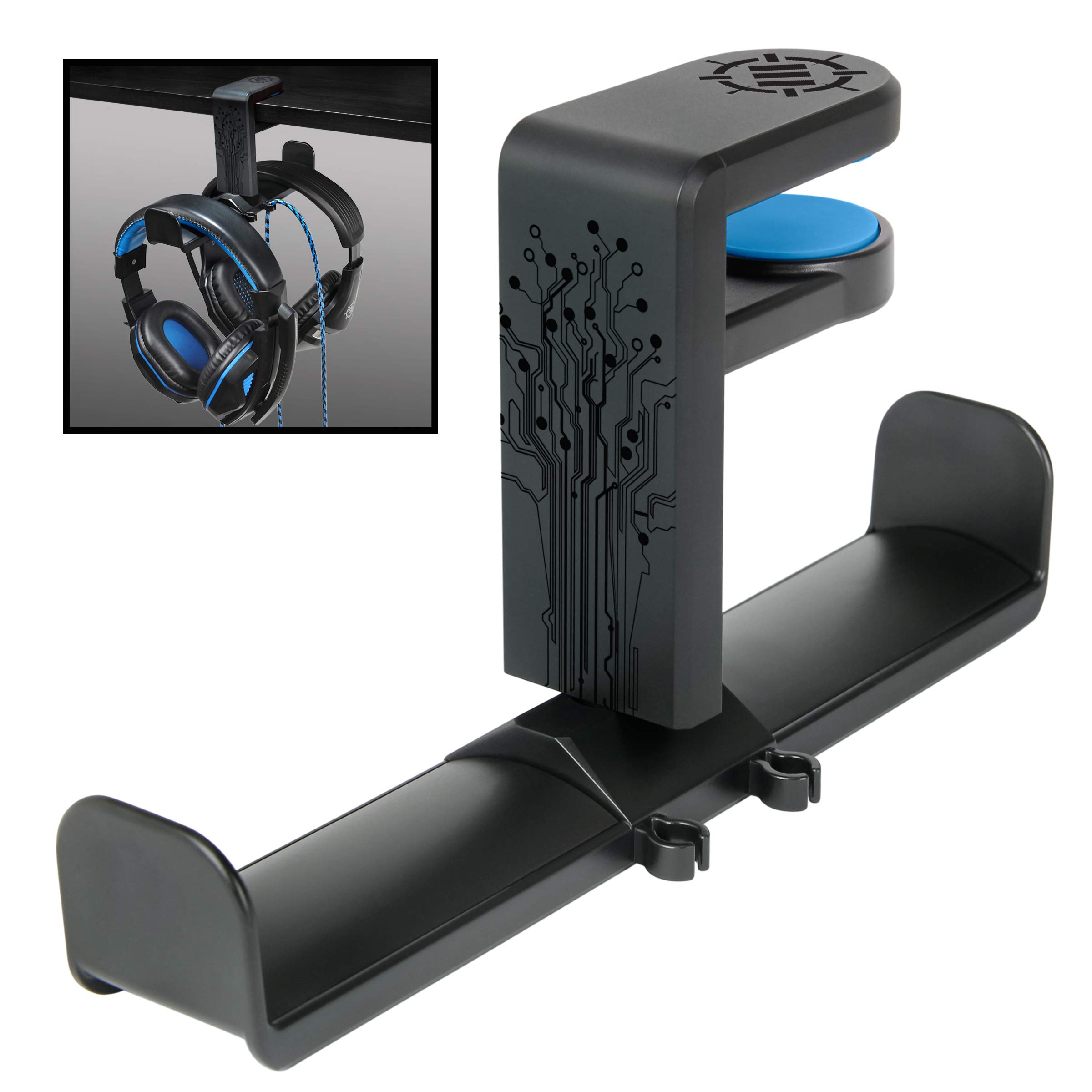 Premium Dual Headphone Stand for Gaming PC Setup - 360° Adjustable Rotating Clip-On Desk Mount with Under Desk Mounting Option, Universal Fit Headset Holder & Cable Organizer with Non-Slip Silicone Pads - Perfect for Streamers, Gamers and Home Office Workspace