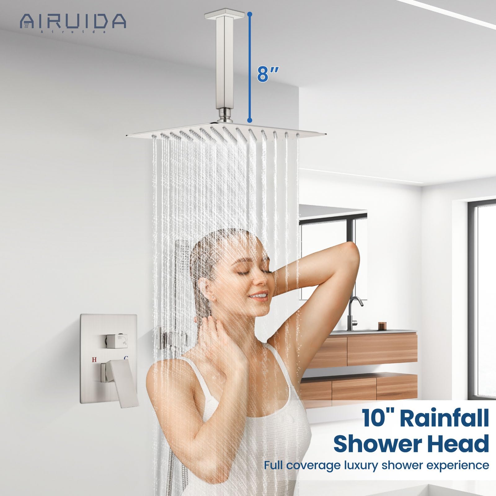 Airuida Brushed Nickel Ceiling Mount Shower System - 10 Inch Square Rainfall Shower Head with 2-Function High Pressure Combo, Brass Rough-in Valve & Handheld Shower Faucet Set for Luxurious Spa-Like Bathroom Experience
