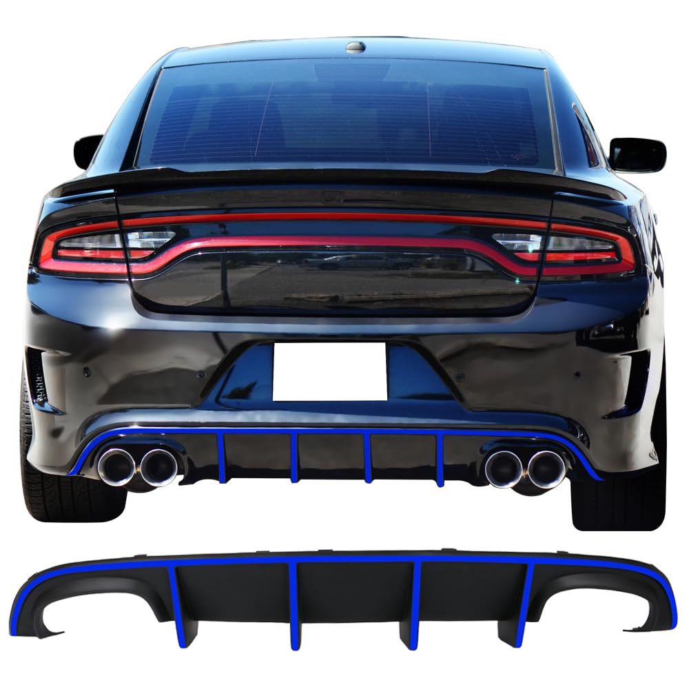 IKON MOTORSPORTS Front Bumper Lip Spoiler & Rear Diffuser for 2015-2023 Dodge Charger SRT | Quad Exhaust Design with Blue Reflective Tape | Aggressive Styling Upgrade for Street Racing & Car Shows