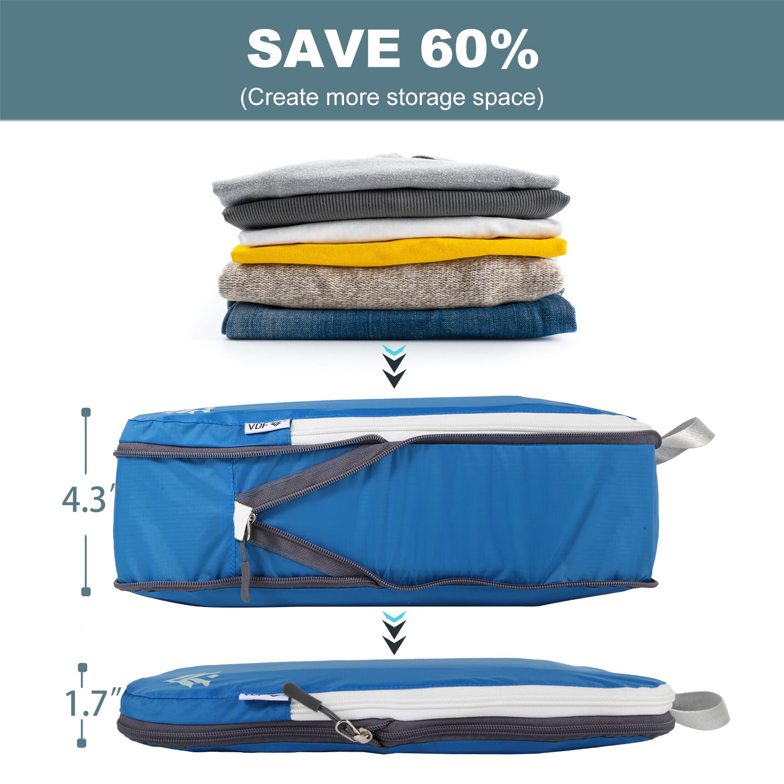VDF Compression Packing Cubes for Travel - 2 Piece Set with Shoe Bag (Blue) | Luggage & Backpack Organizer | Space-Saving Travel Accessories for Vacation, Business Trips & Camping