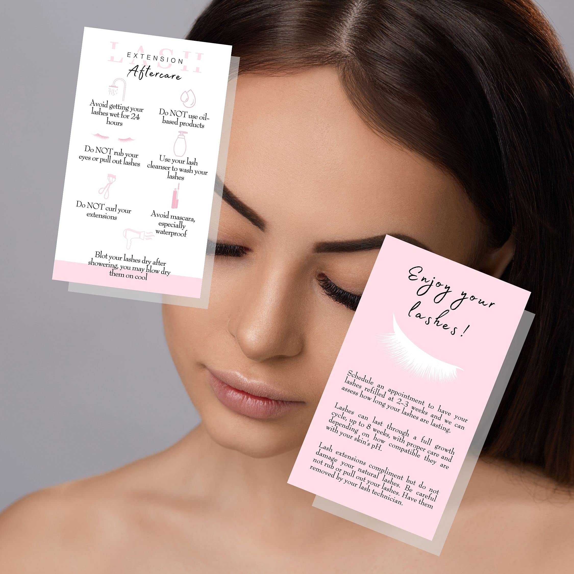 50 Pack Lash Extension Aftercare Cards - 3.5 x 2 Inch Business Card Size - White & Light Pink Eyelash Extension Supplies - Perfect for Lash Technicians & Salons to Educate Clients
