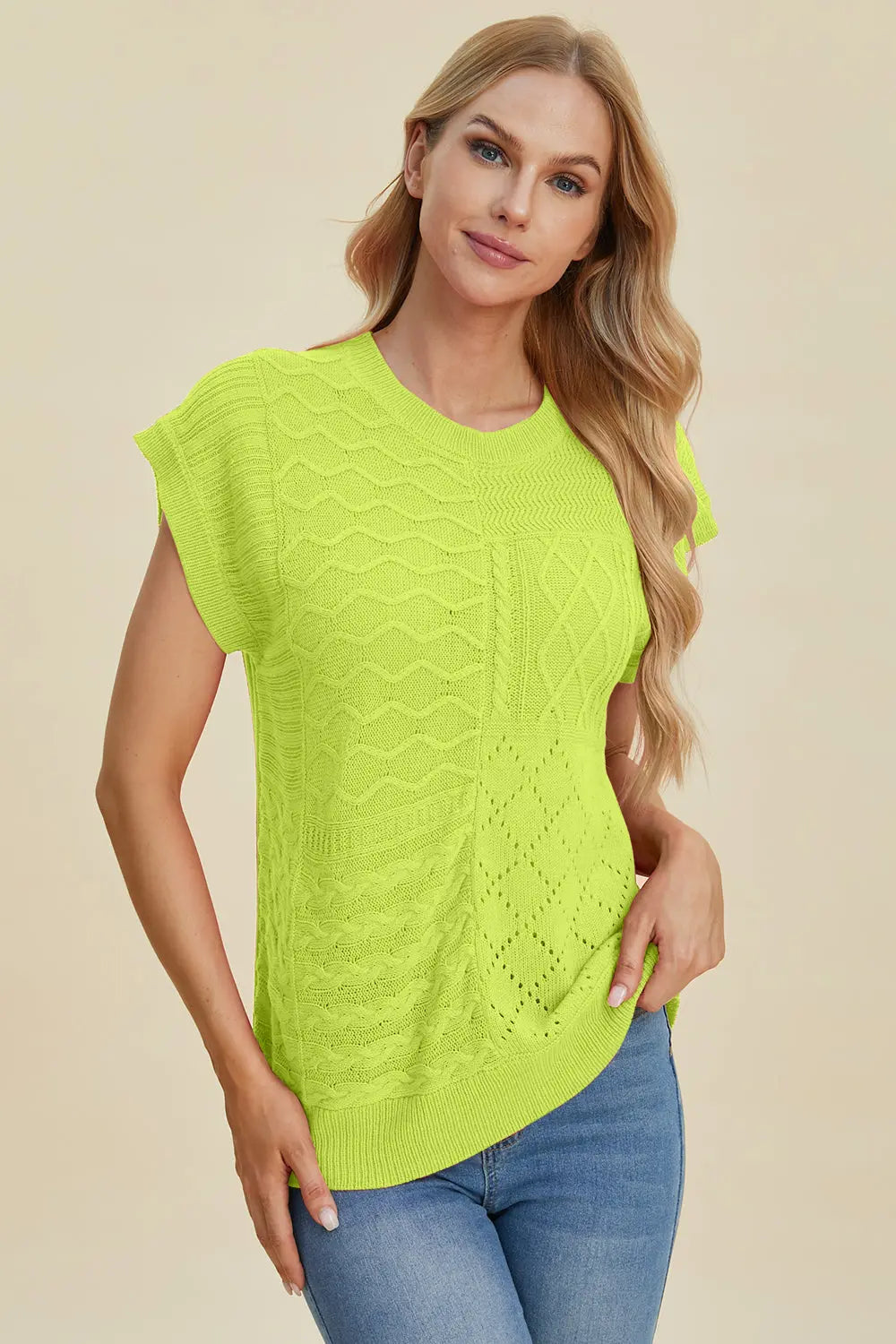 Double Take Full Size Cable Knit Round Neck Cap Sleeve Sweater for Women - Cozy Winter Pullover for Office, Date Night & Casual Outfits