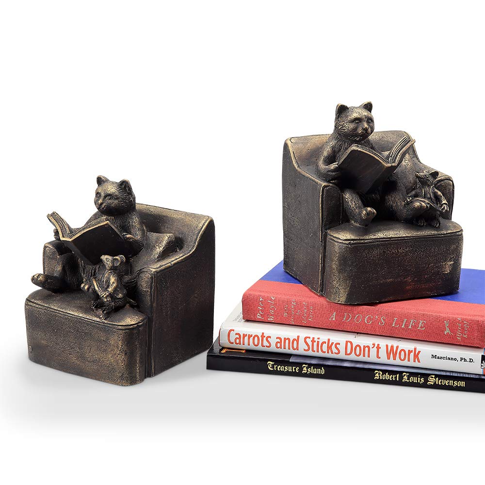 SPI Reading Friends Cat & Mouse Bookends Set - Cute Animal Bookends for Bookshelves, Perfect for Home Office Decor and Book Lovers Gift