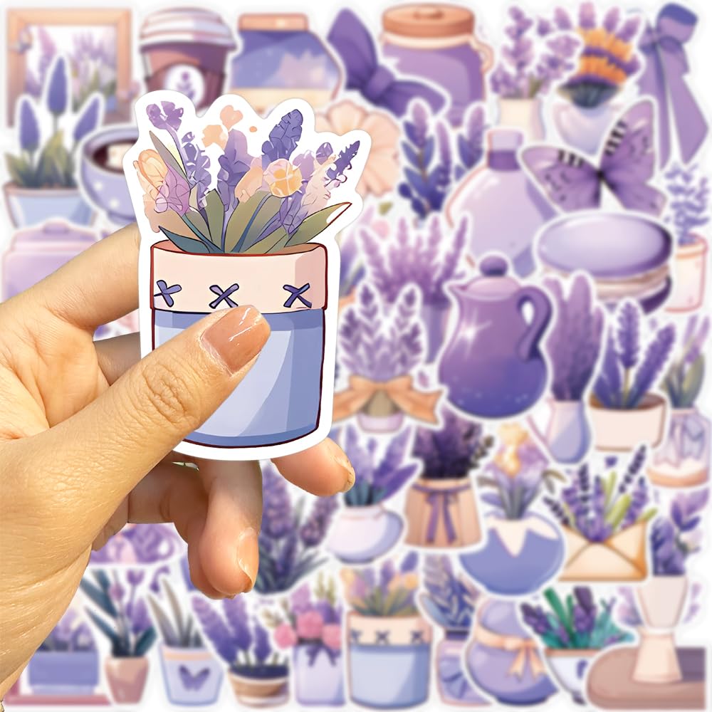 50Pcs Lavender Flower Stickers - Waterproof Vinyl Decals for Water Bottles, Laptop, Luggage, Cup, Phone & Skateboard - Perfect for DIY Crafts, Scrapbooking & Personalizing Accessories