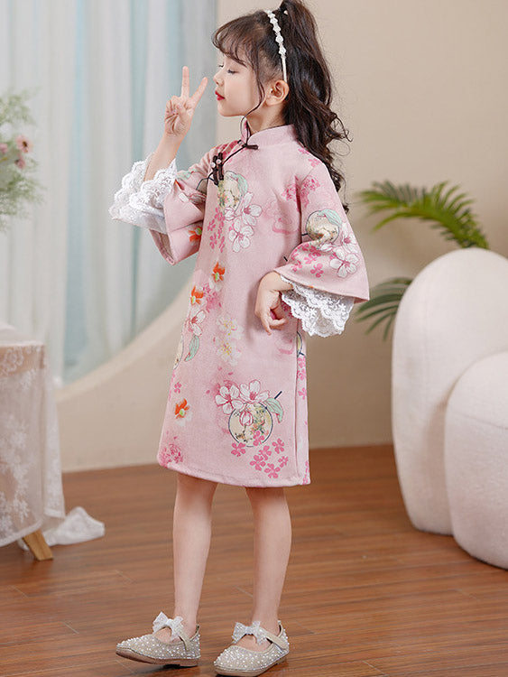 Pink Green Floral Suede Cheongsam Dress for Girls | Winter Chinese Qipao Outfit | Perfect for Holidays, Parties & Family Photos