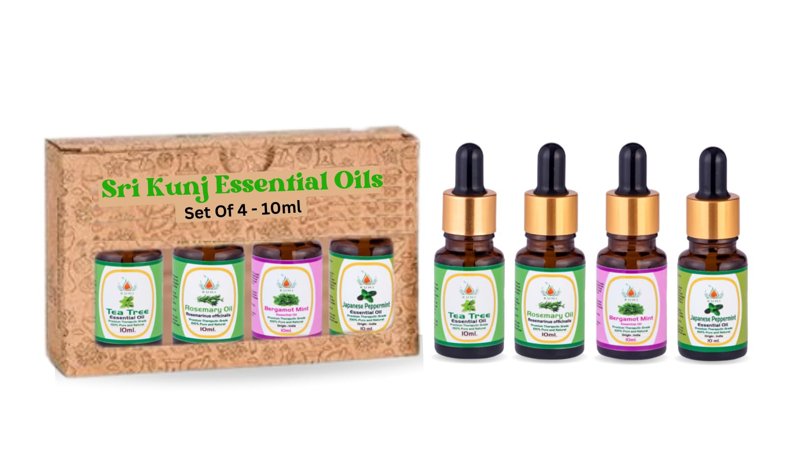 KUNJ Essential Oils Set - 10ML Tea Tree Oil, Rosemary Oil, Japanese Peppermint Oil & Bergamot Oil (4-Pack) for Aromatherapy, Skin Care & Relaxation