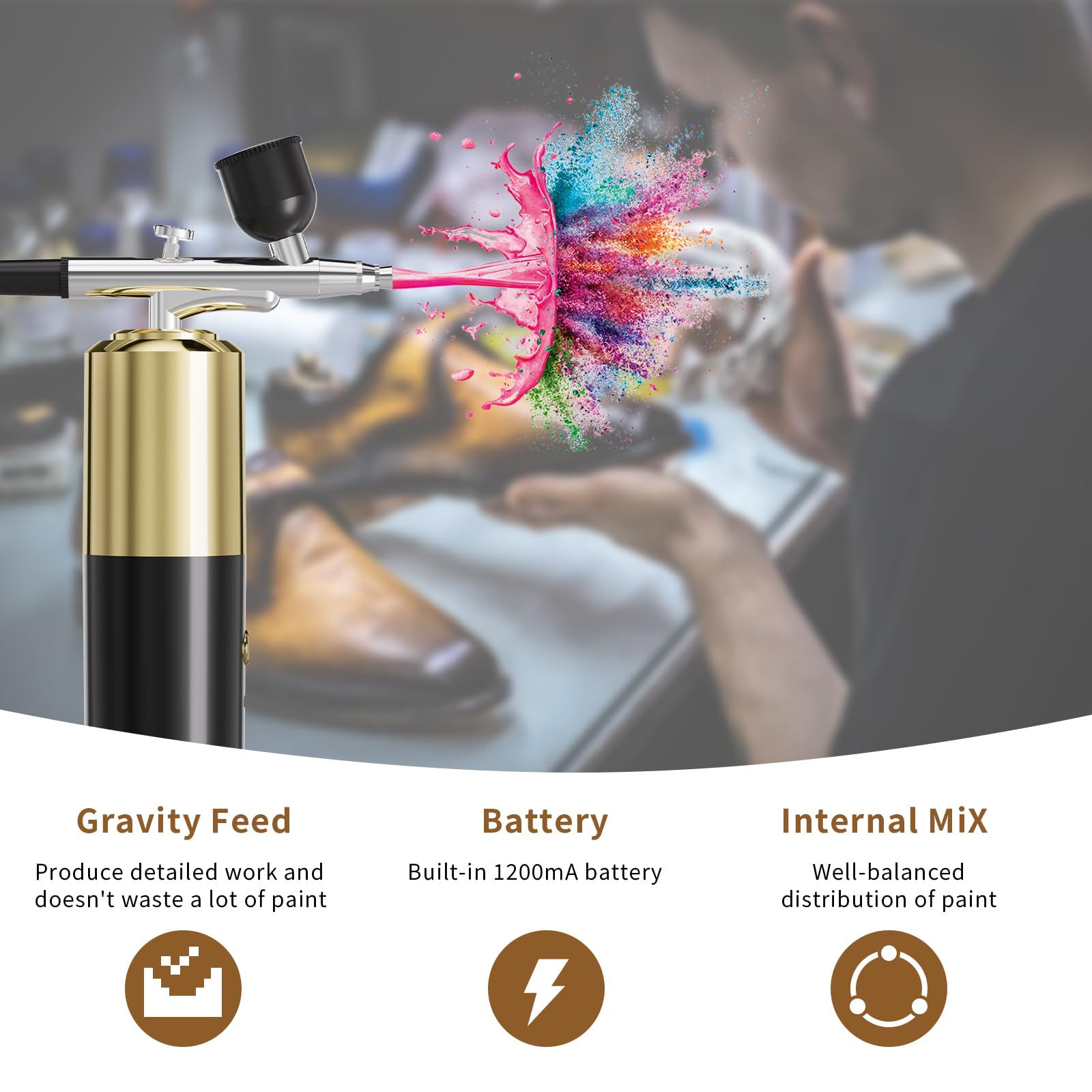 Professional Airbrush Kit with Air Compressor - Wireless Airbrush Gun for Nail Art, Cake Decorating, Makeup & Model Painting (Gold Black) | Perfect for Salon, Home DIY & Professional Artists