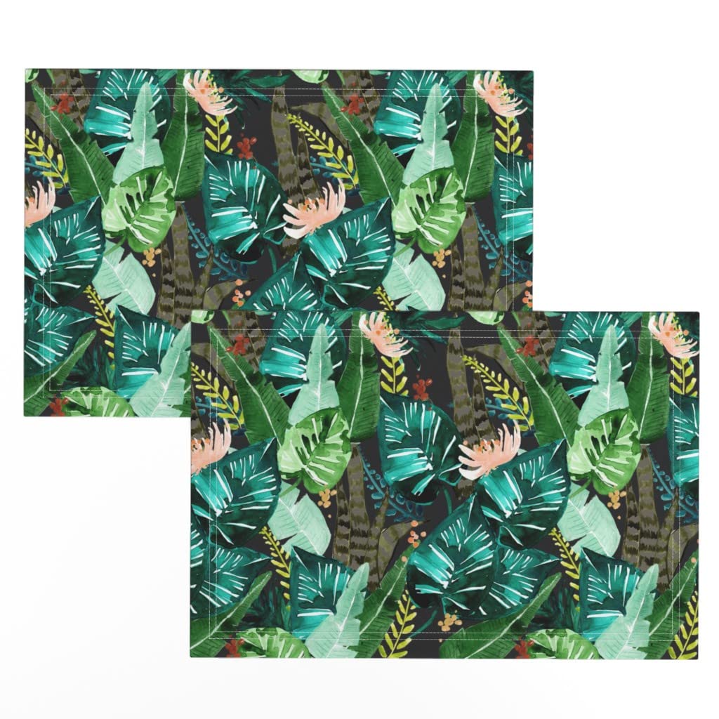 Spoonflower Linen Cotton Canvas Placemats Set of 2 - Tropical Dark Green Banana Leaf Jungle Palm Print Table Mats for Dining Room Decor, Kitchen Table Setting & Outdoor Picnic