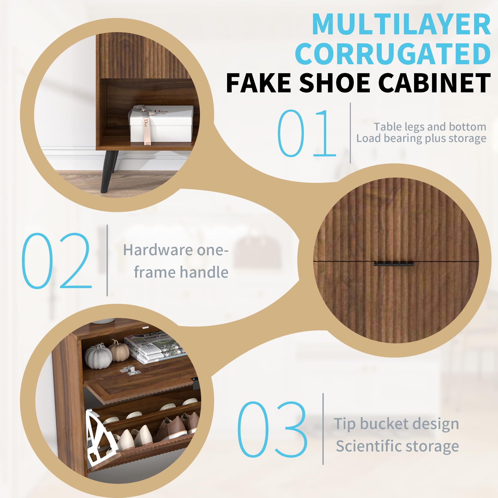 Shoe Storage Cabinet with 2 Flip Drawers - Narrow Freestanding Organizer with Doors & Adjustable Shelf - Slim Hidden Entryway Cabinet in Walnut - Perfect for Small Spaces, Closets & Mudrooms