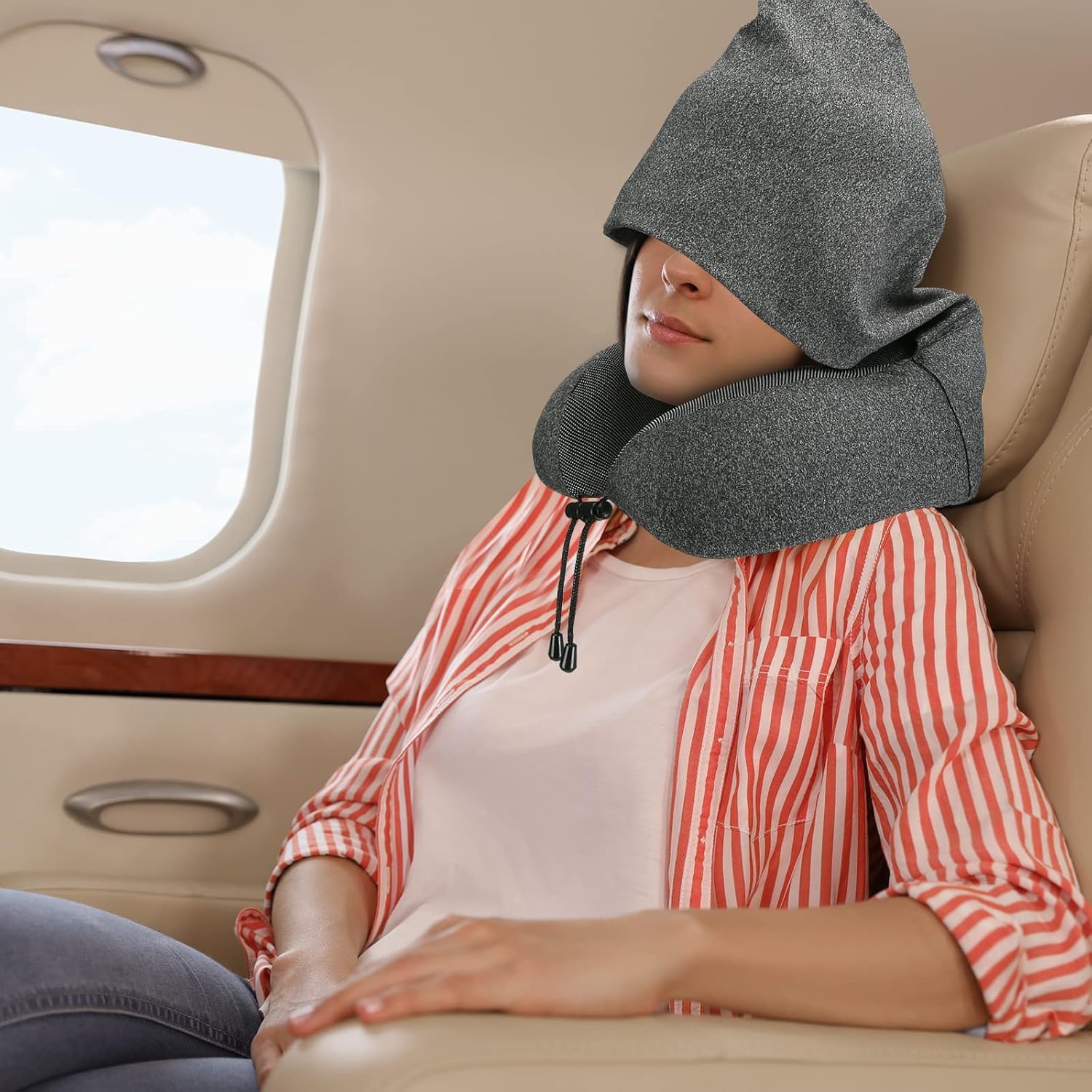 Memory Foam Travel Neck Pillow with Hood for Adults - Comfortable Airplane, Car & Train Neck Support - Perfect for Long Flights, Road Trips & Commuting