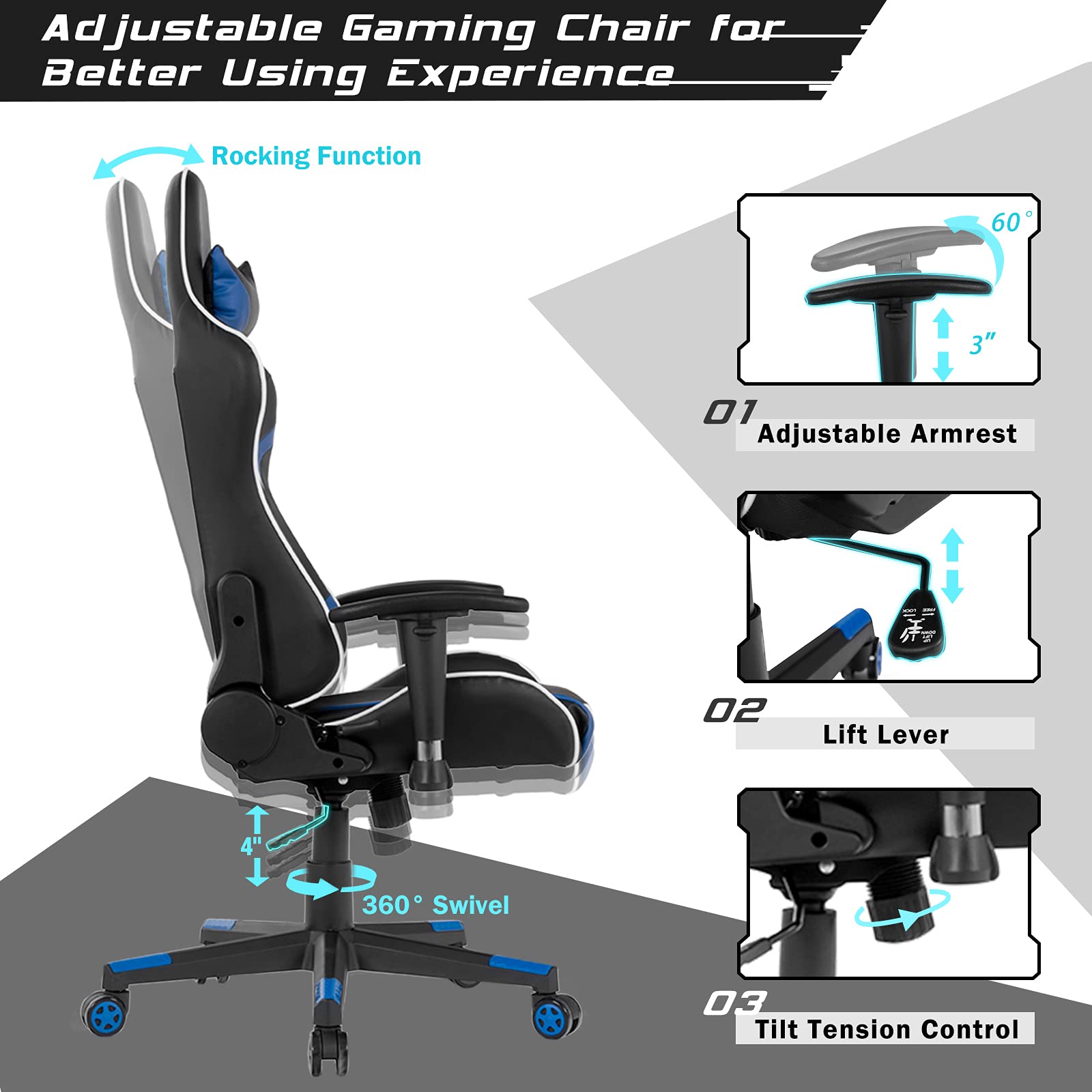 GYMAX Ergonomic Gaming Chair with Massage, Adjustable Headrest & Lumbar Support - Blue Reclining Computer Chair for Office & Home Gaming Setup - Perfect for Esports, Streaming, and Long Work Sessions