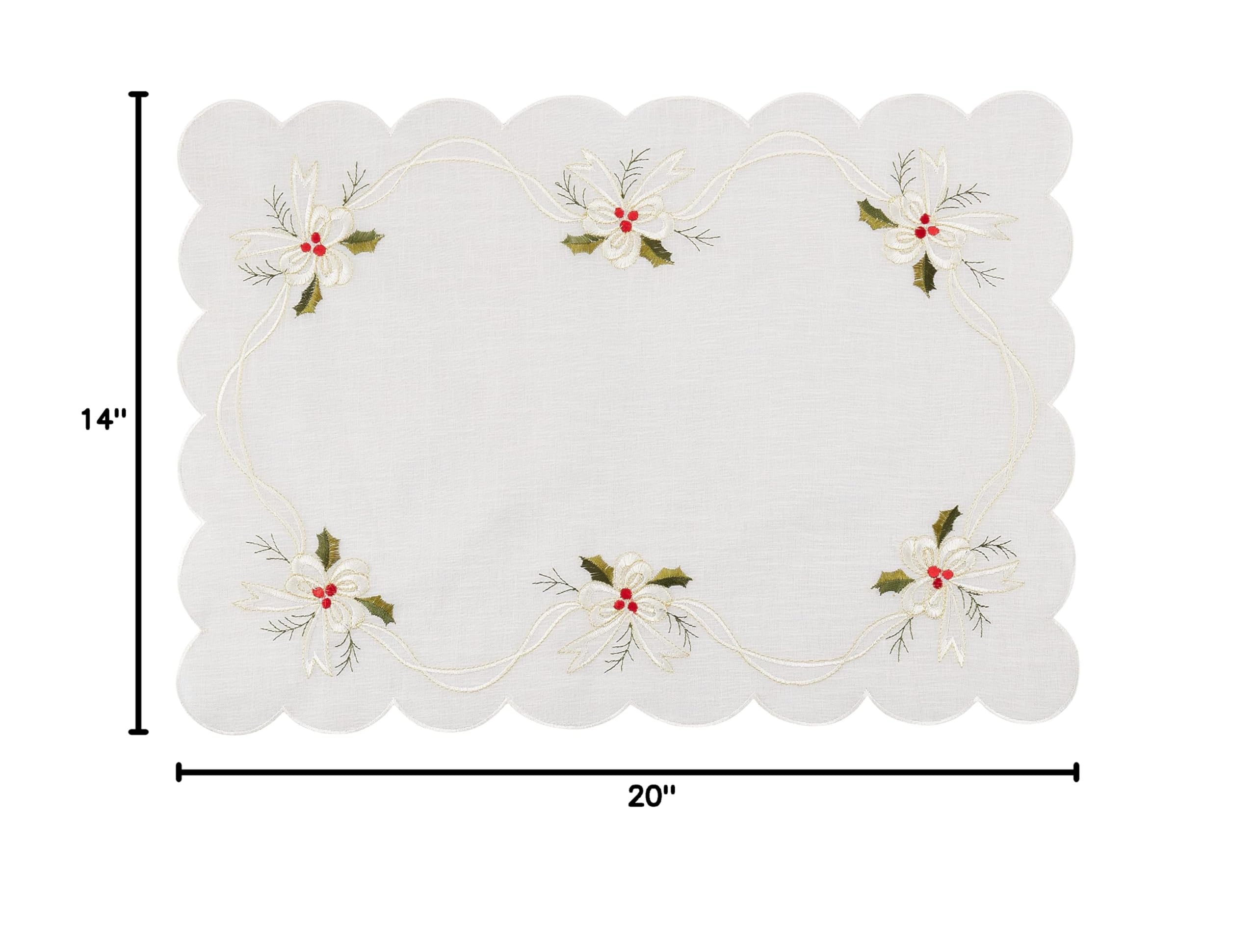 Embroidered Holly and Ribbon Christmas Placemats Set of 4 - Holiday Table Decor for Dining Room, Party, and Festive Home Decor