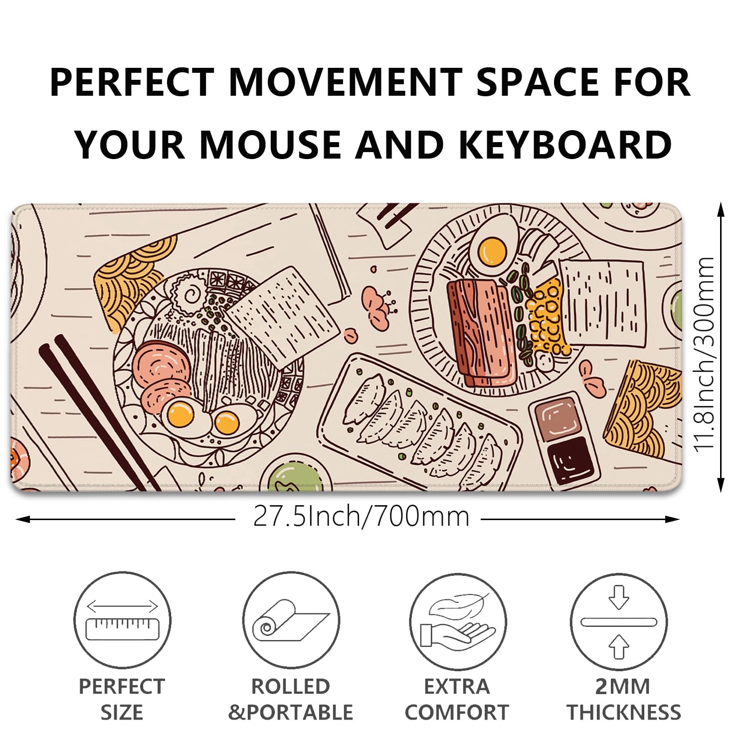 Japanese Ramen Sushi Themed Large Desk Mat - 27.5x11.8 Inch Non-Slip Mouse Pad for Gaming, Office & Home Workspace - Perfect for Anime Lovers, Food Enthusiasts & PC Gamers (Black)