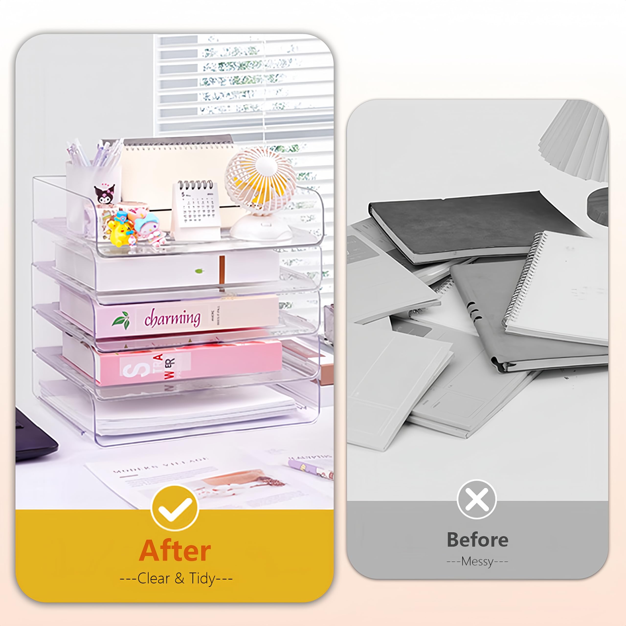 Stackable Clear Desk Organizer - 4 x Wide Entry Letter Tray for Office Paper, Files & Books Storage | Perfect for Home Office, School & Workspace Organization