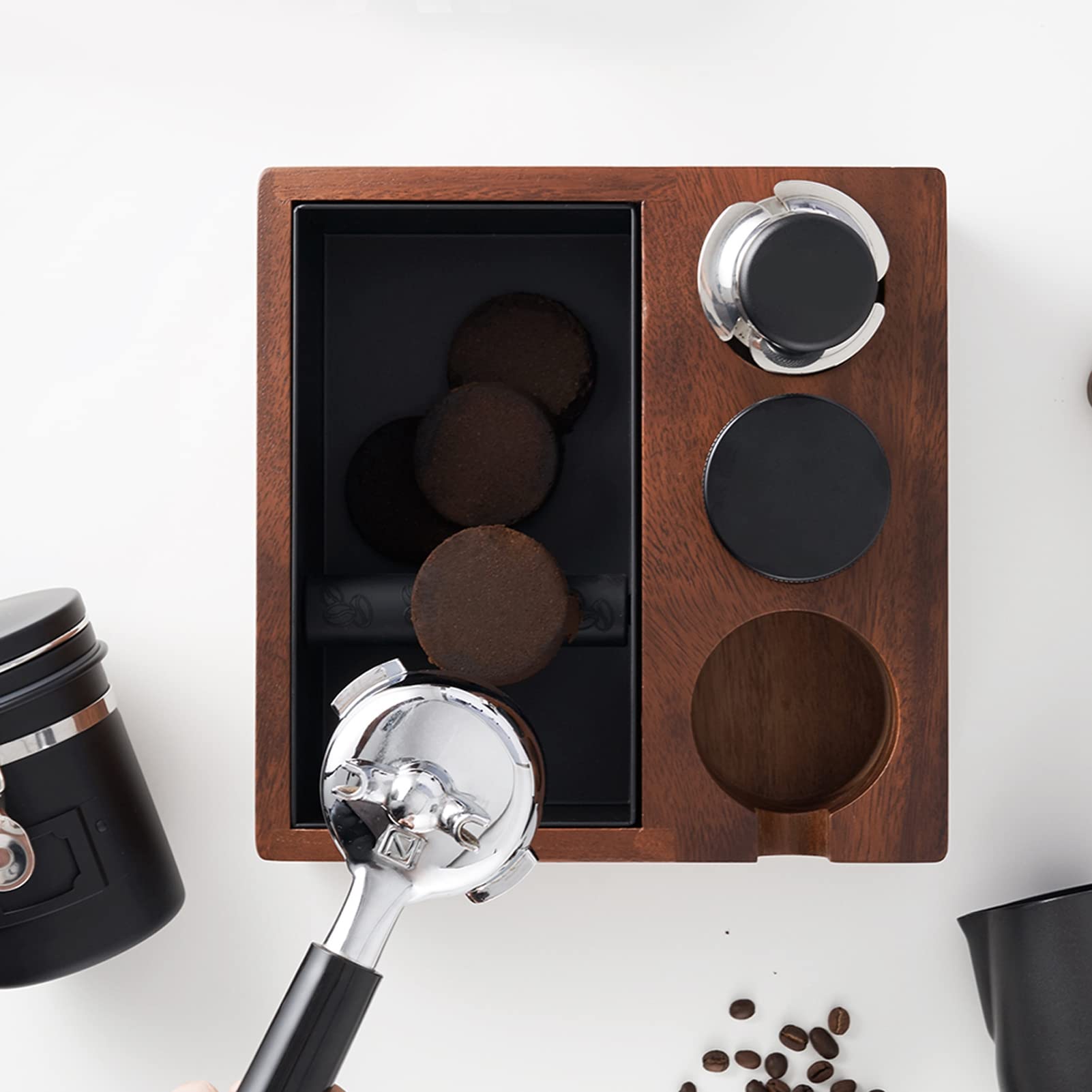 Premium Walnut Wooden Coffee Tamping Stand - 4-in-1 Espresso Tamper Holder with Knock Box & Slag Container - Professional Coffee Distributor Station for Baristas, Home Brewing, Cafés & Office Use