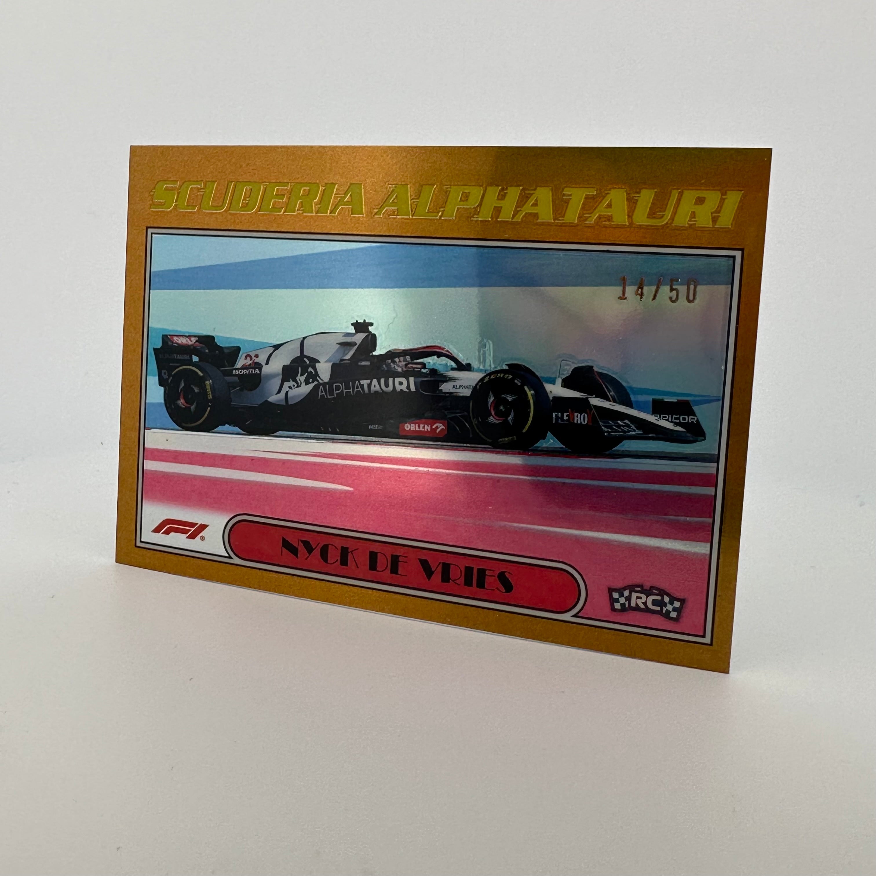 2023 Topps Chrome 14/50 Gold Nyck de Vries #AU77 NDV 1977 Racing Card - Perfect for F1 Collectors and Motorsport Memorabilia Displays