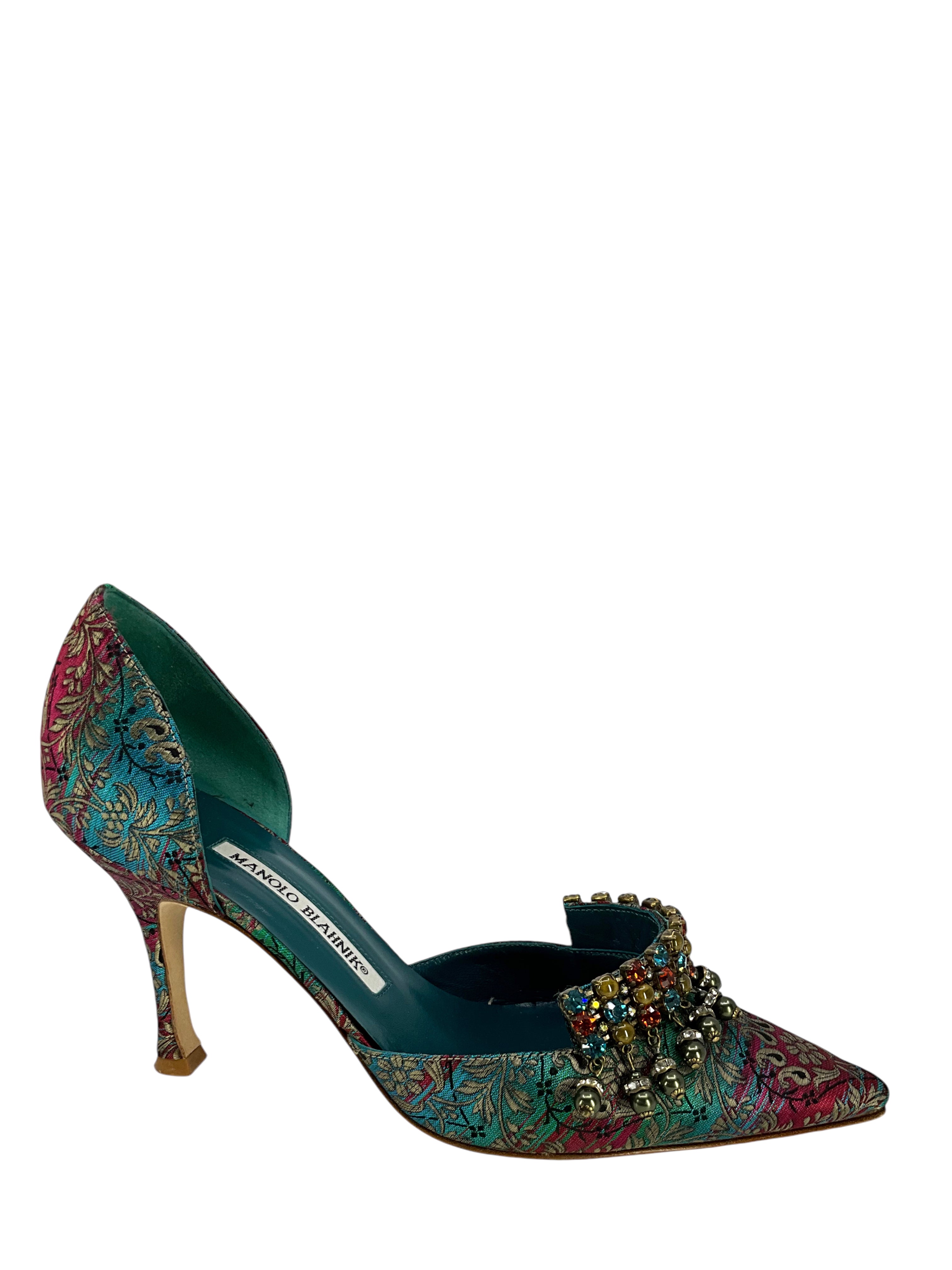 Manolo Blahnik Paisley Jacquard D'Orsay Pumps - Women's Size 7 US (EU 37) | Elegant Floral Heels for Weddings, Parties & Formal Events
