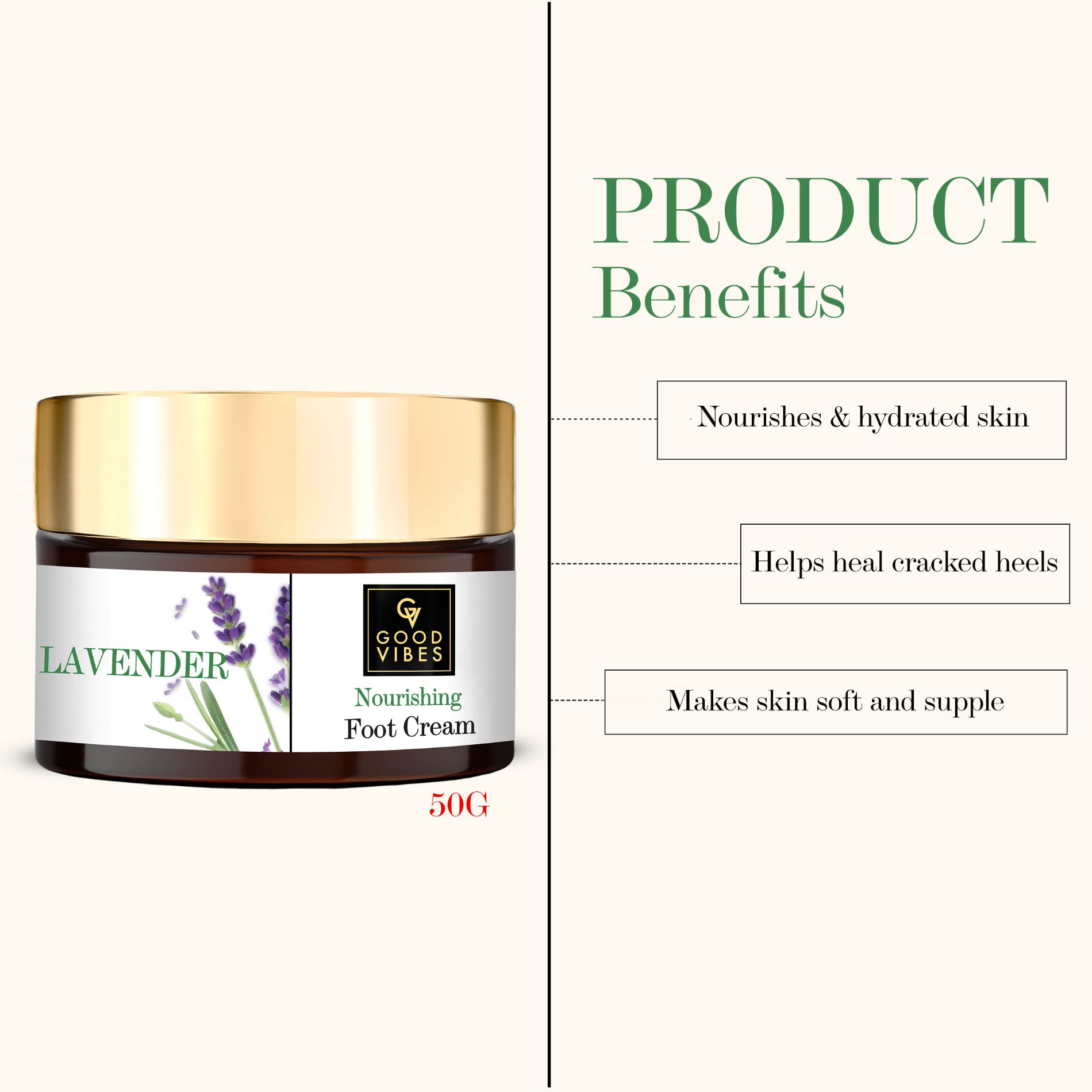 Good Vibes Lavender Foot Therapy Cream - 50g - Deep Moisturizing & Nourishing Foot Cream for Dry, Cracked Heels - Soothes & Softens Rough Skin - Perfect for Pedicures, Night Foot Care & Relaxation After Long Days