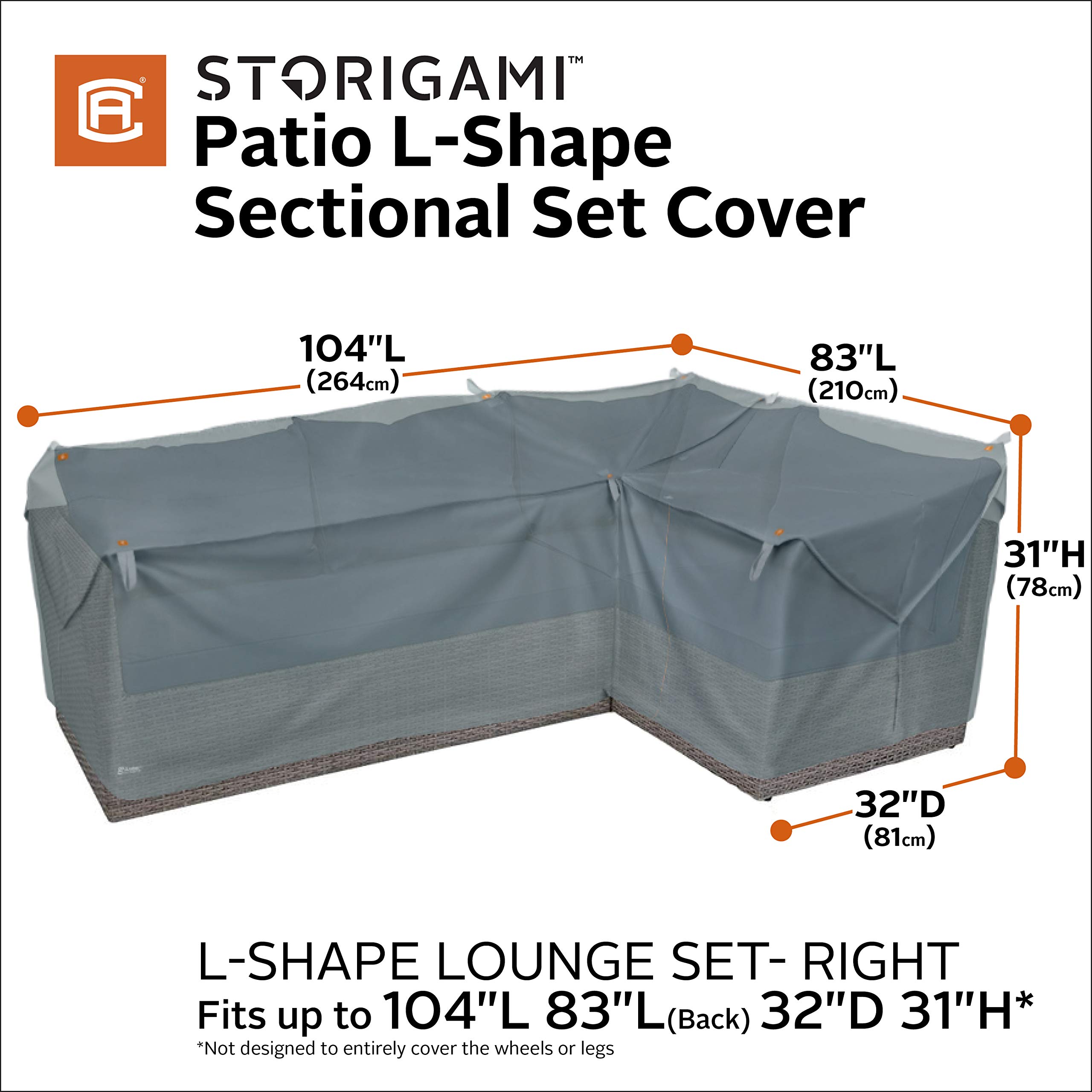 Storigami Water-Resistant 104 Inch Right-Facing Sectional Lounge Set Cover - Monument Grey | Easy Fold Patio Furniture Cover for Outdoor Sofa Protection | Weatherproof, Durable & UV Resistant for Deck, Backyard, and Poolside Use