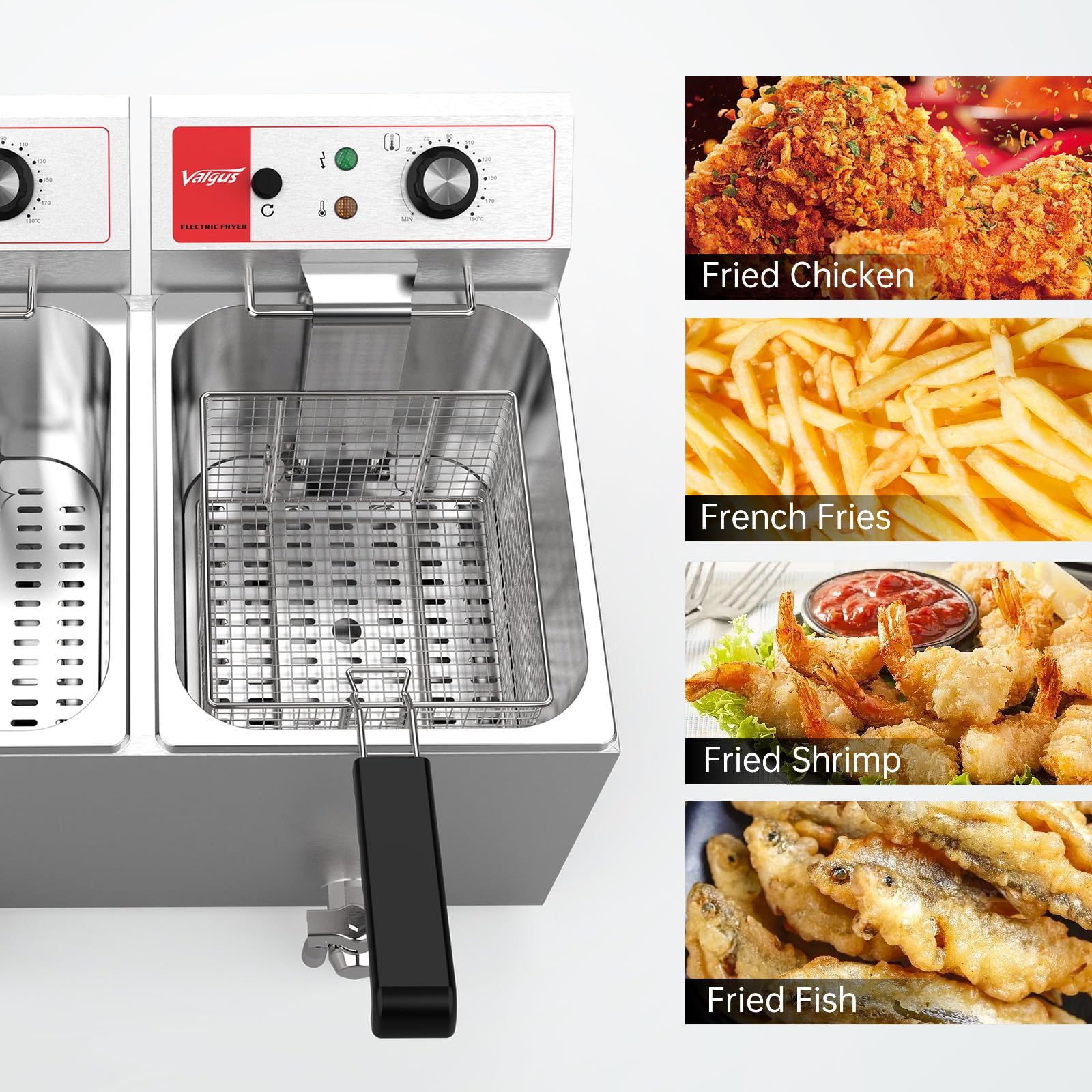 Valgus Dual Tank Commercial Deep Fryer - 1700W Electric 26L Large Capacity Stainless Steel Countertop Fryer with Basket, Lid & Drain System - Perfect for Home Kitchens, Restaurants & Catering Businesses - Ideal for Frying Chicken, Fish, French Fries & More