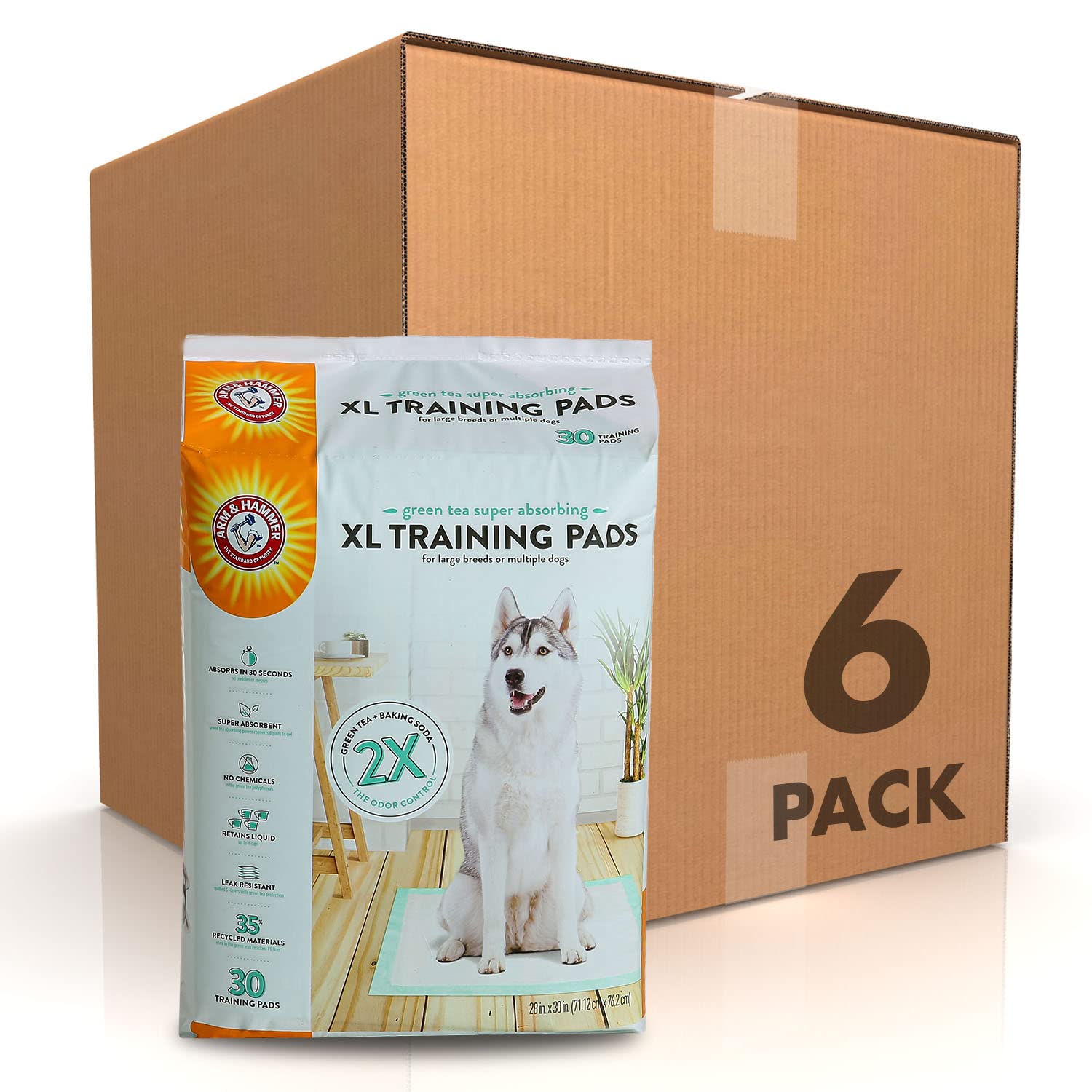 Arm & Hammer Green Tea Scented Dog Training Pads - Super Absorbent Leakproof Puppy Pads with Baking Soda for 2X Odor Control, XL Size (180 Count, Pack of 6) - Ideal for Housebreaking, Crate Training & Travel Use