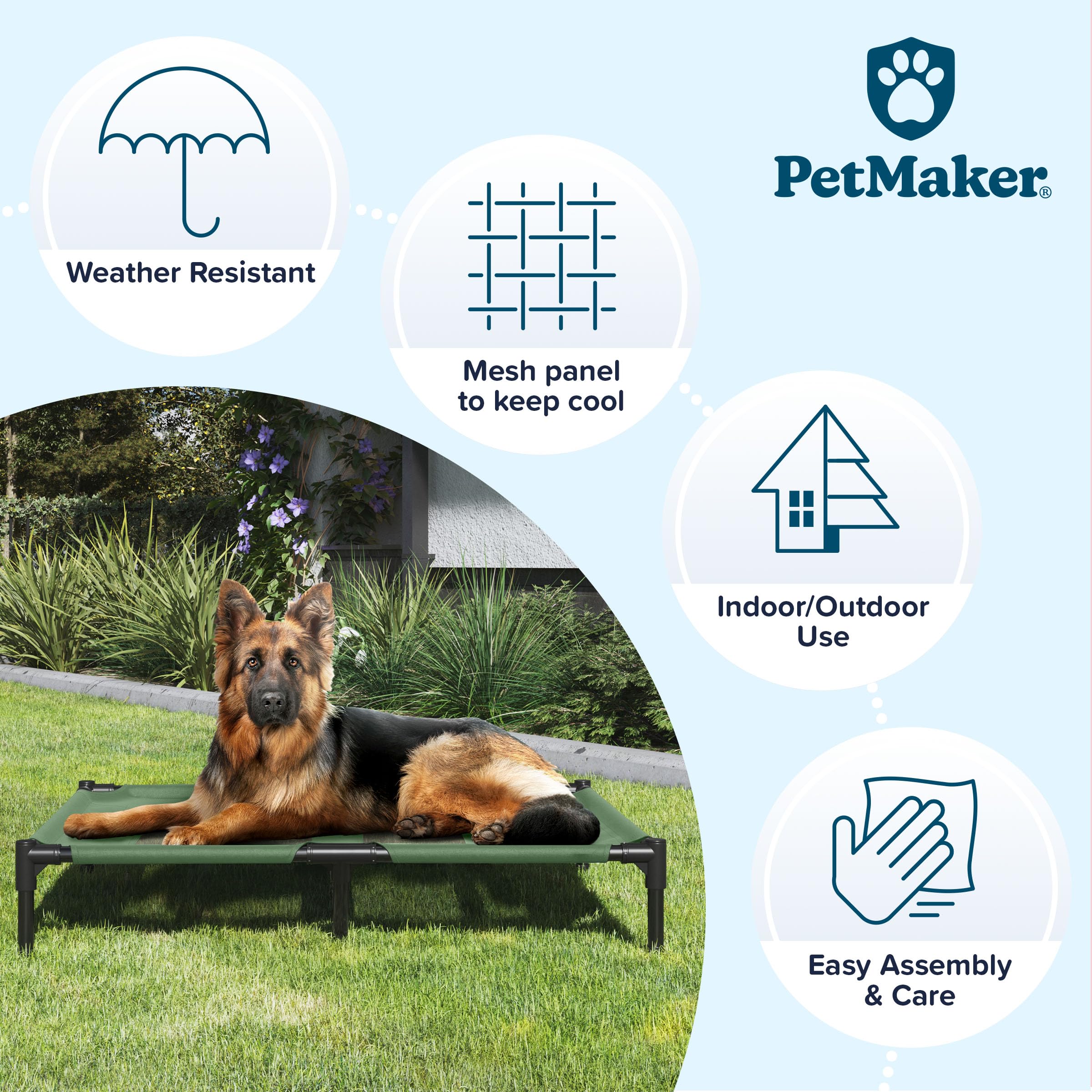 Premium Elevated Dog Bed - 36x29.75 Inch Portable Pet Cot with Non-Slip Feet & Breathable Mesh - Indoor/Outdoor Cooling Bed for Medium/Large Dogs Up to 80lbs by Petmaker (Green) - Perfect for Camping, Patio & Hot Weather Use