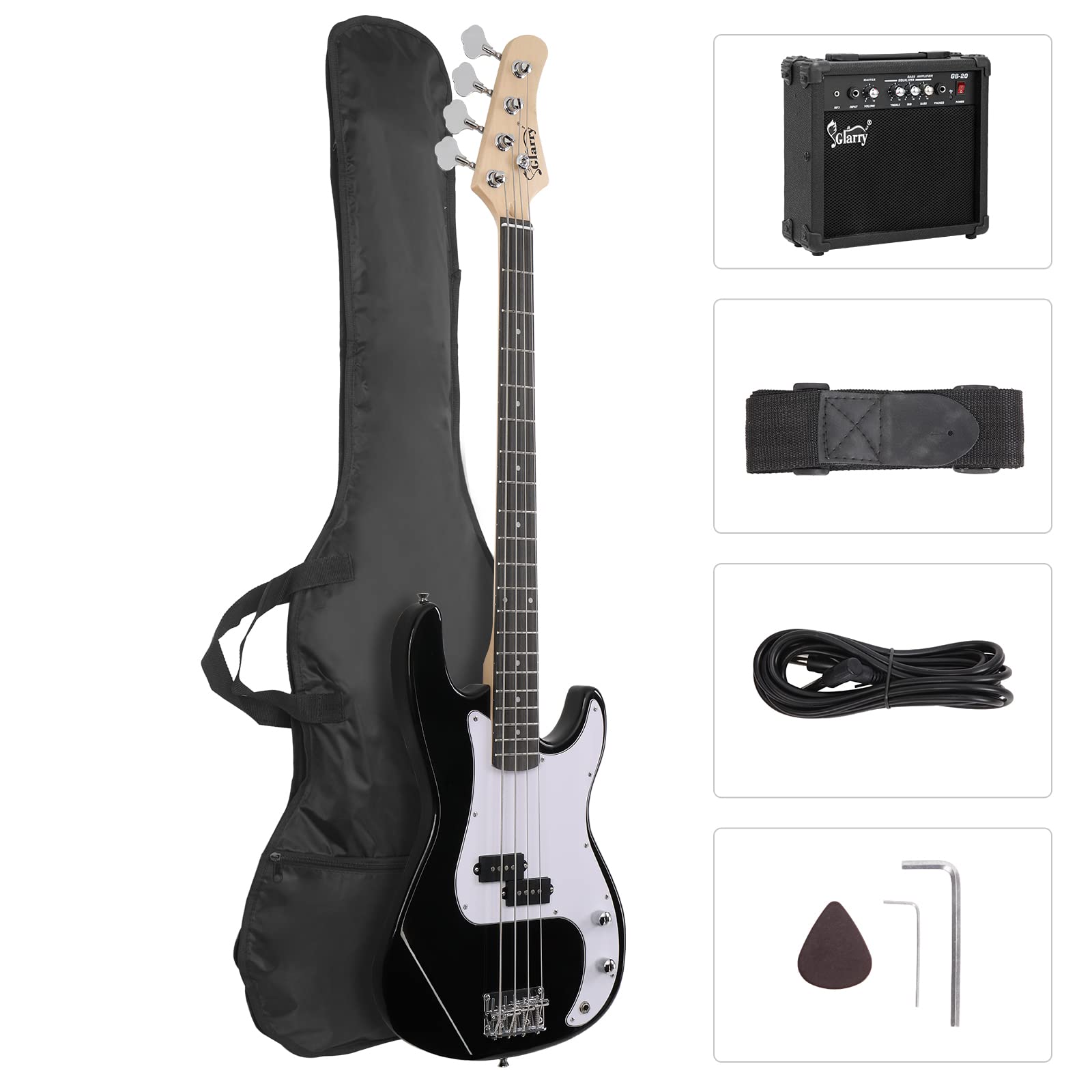 GLARRY Full Size 4-String Electric Bass Guitar Kit for Beginners with Amp, Cable, Strap, Gig Bag & Accessories - Black | Perfect for Practice, Performances & Home Studio Recording