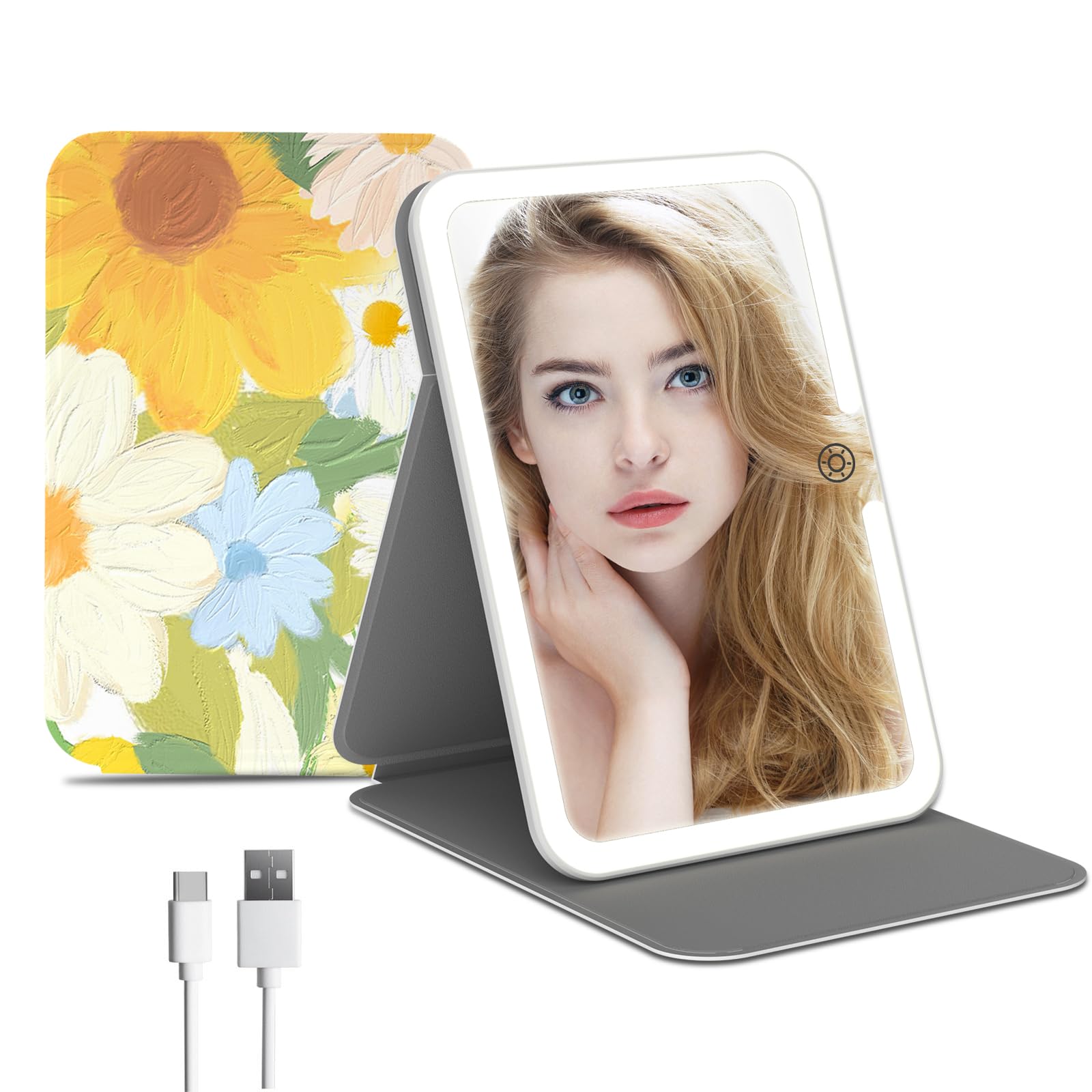 Rechargeable LED Makeup Mirror with PU Leather Cover - 3 Color Lighting, Touch Sensor Dimmable, Portable Folding Travel Mirror for Vanity, Home & Hotel Use | Perfect Cosmetic Mirror for Makeup, Skincare & Travel