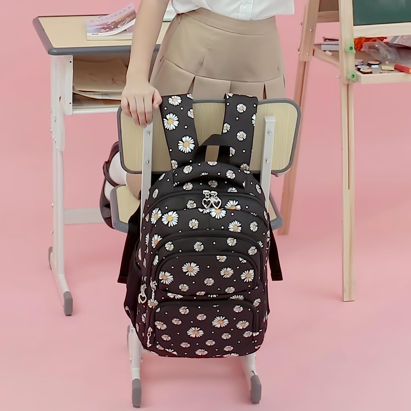 **Cute Daisy Print Girls Backpack for School - Lightweight Elementary Bookbag with Lunch Box & Pencil Case - Perfect for Kindergarten, Primary School & Travel**