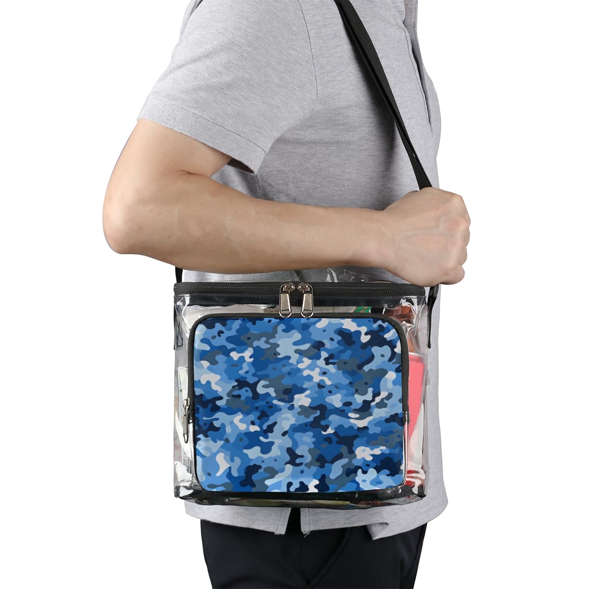 GzLeyigou Camouflage Blue Clear Tote Bag with Handles - Transparent Crossbody Shoulder Bag for Lunch, Outdoor, Travel, Picnic, Concerts & Sports Events | Stadium Approved | Waterproof & Durable | Perfect for Beach, Gym, Shopping & Daily Use